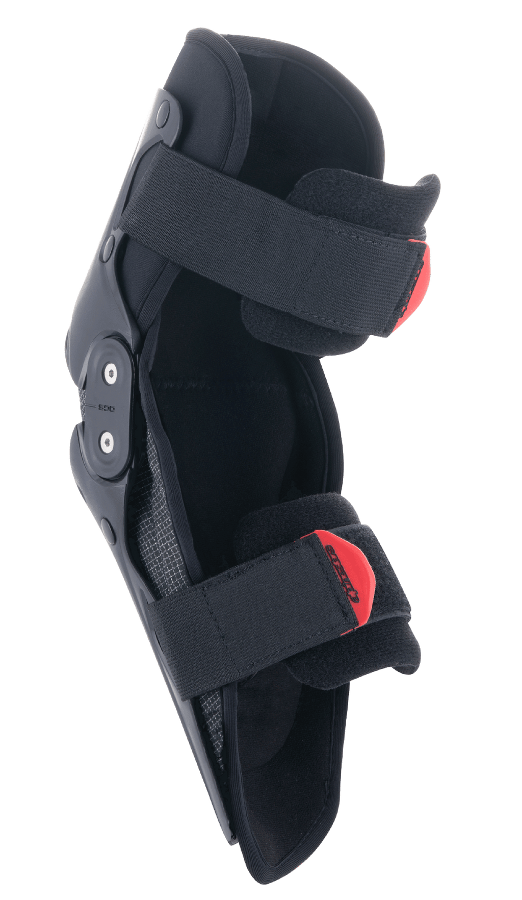 Genouillères Alpinestars SX-1 Junior, protection de genou motocross, noir et rouge, dotées d'un système de charnière à double pivot et d'un système de double sangle réglable avec tirettes rouges, protection légère et durable pour les jeunes pilotes tout-terrain
