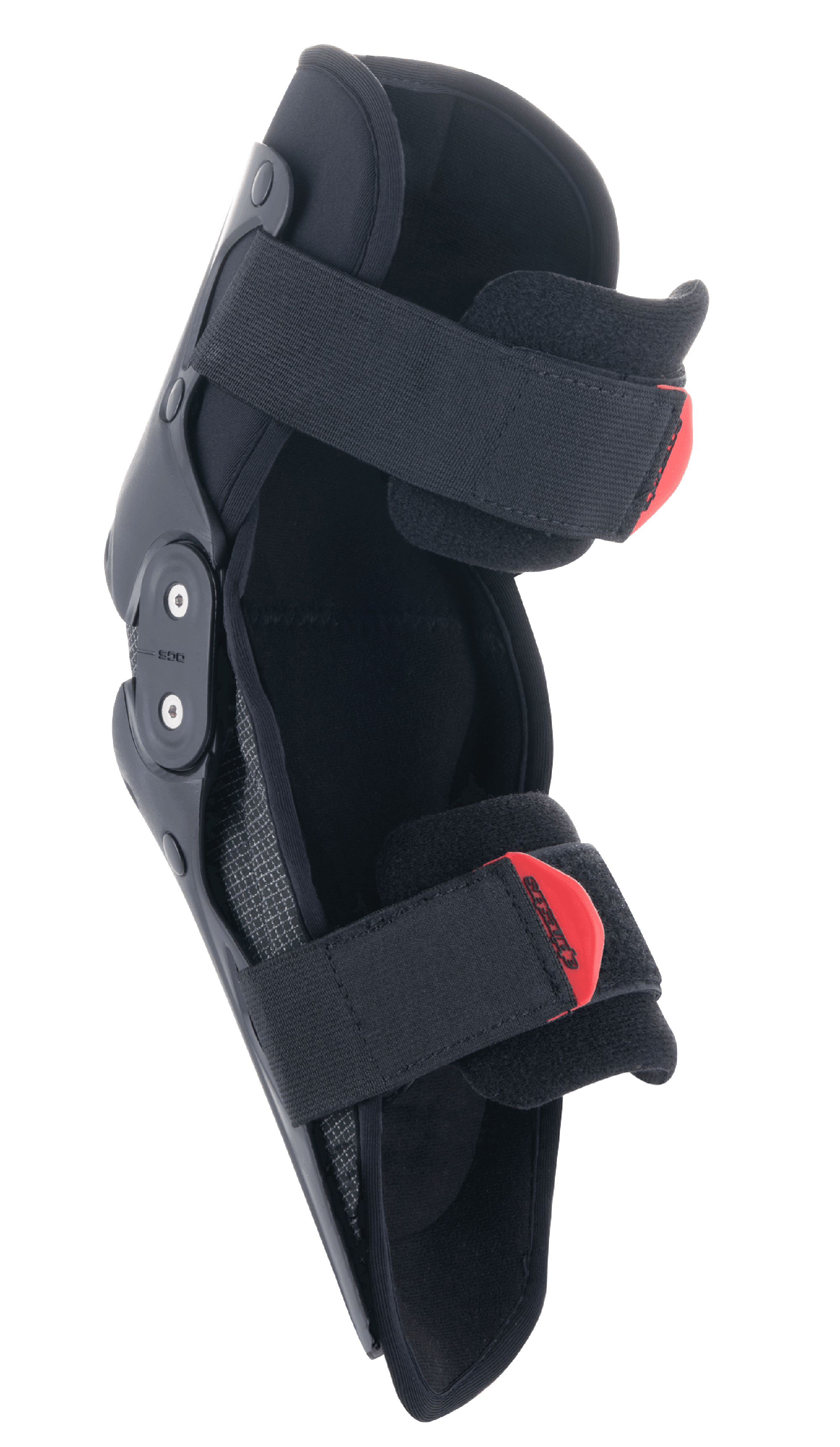 Genouillères Alpinestars SX-1 Junior, protection de genou motocross, noir et rouge, dotées d'un système de charnière à double pivot et d'un système de double sangle réglable avec tirettes rouges, protection légère et durable pour les jeunes pilotes tout-terrain