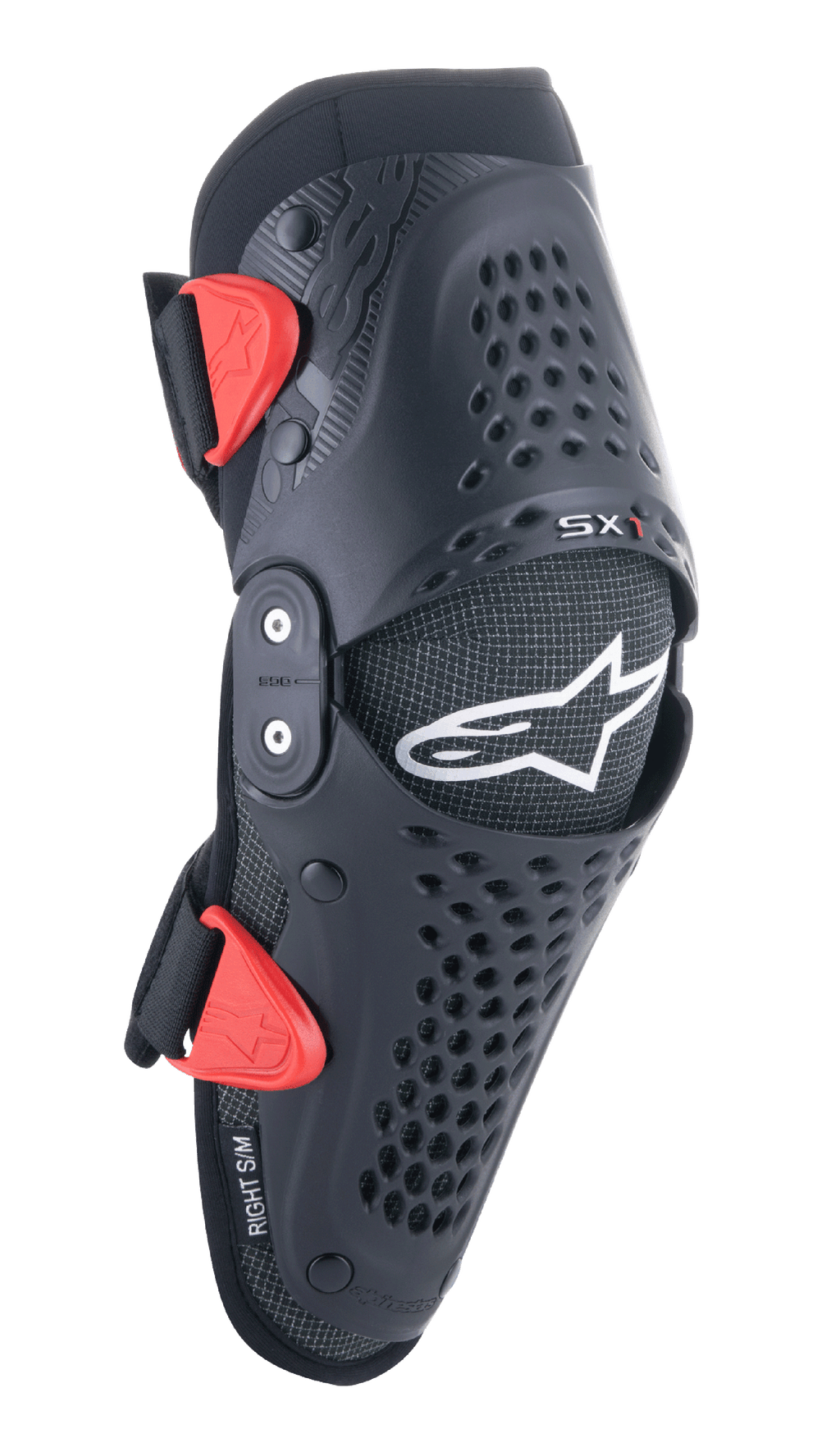 Genouillères Alpinestars Youth SX-1, protections de motocross, noir et rouge, dotées de trous de ventilation perforés, système de charnière à double pivot, sangles réglables avec boucles rouges, logo étoile blanc, protection de moto tout-terrain pour jeunes