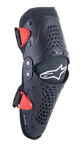 Genouillères Alpinestars Youth SX-1, protections de motocross, noir et rouge, dotées de trous de ventilation perforés, système de charnière à double pivot, sangles réglables avec boucles rouges, logo étoile blanc, protection de moto tout-terrain pour jeunes