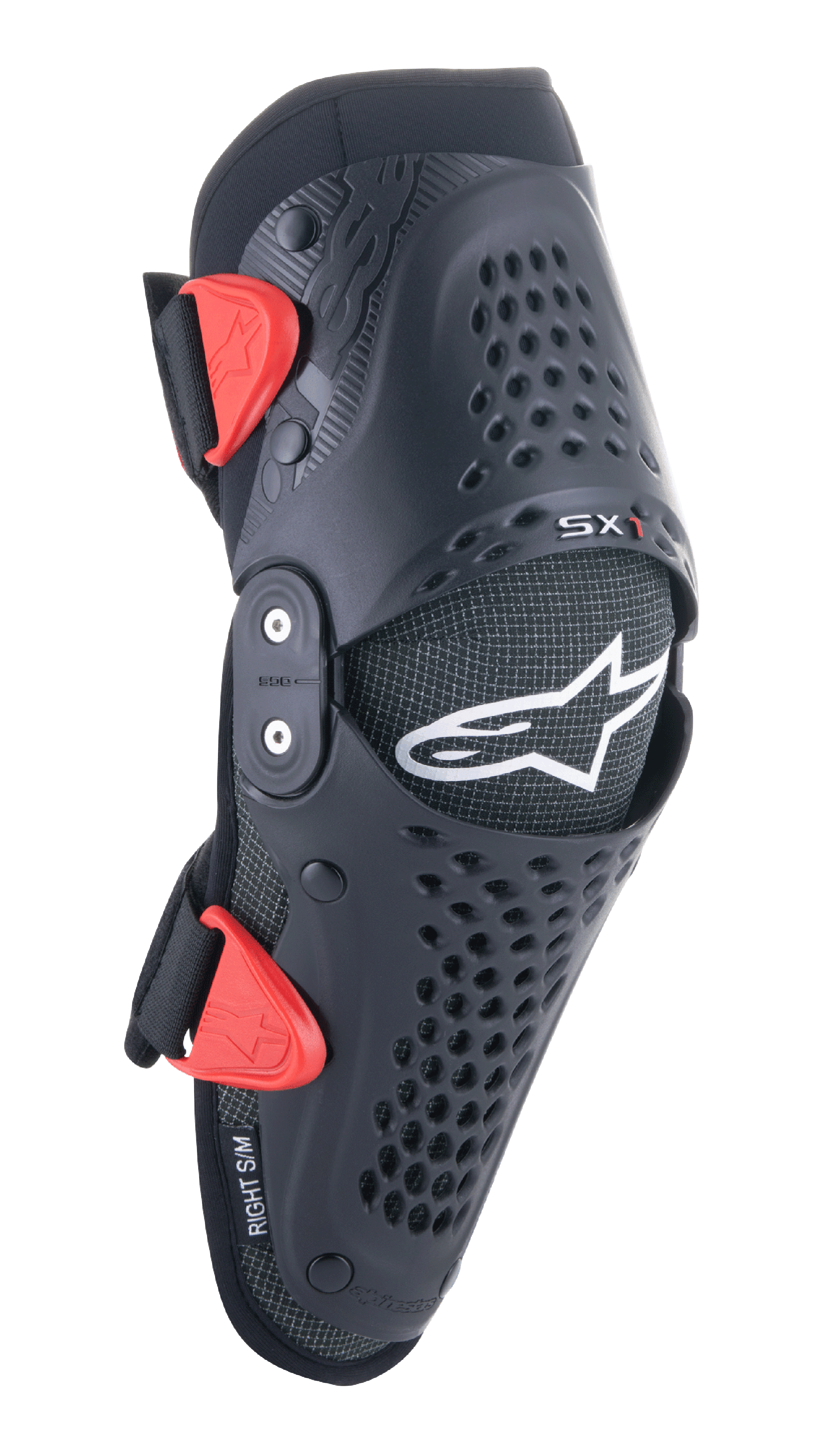 Genouillères Alpinestars Youth SX-1, protections de motocross, noir et rouge, dotées de trous de ventilation perforés, système de charnière à double pivot, sangles réglables avec boucles rouges, logo étoile blanc, protection de moto tout-terrain pour jeunes