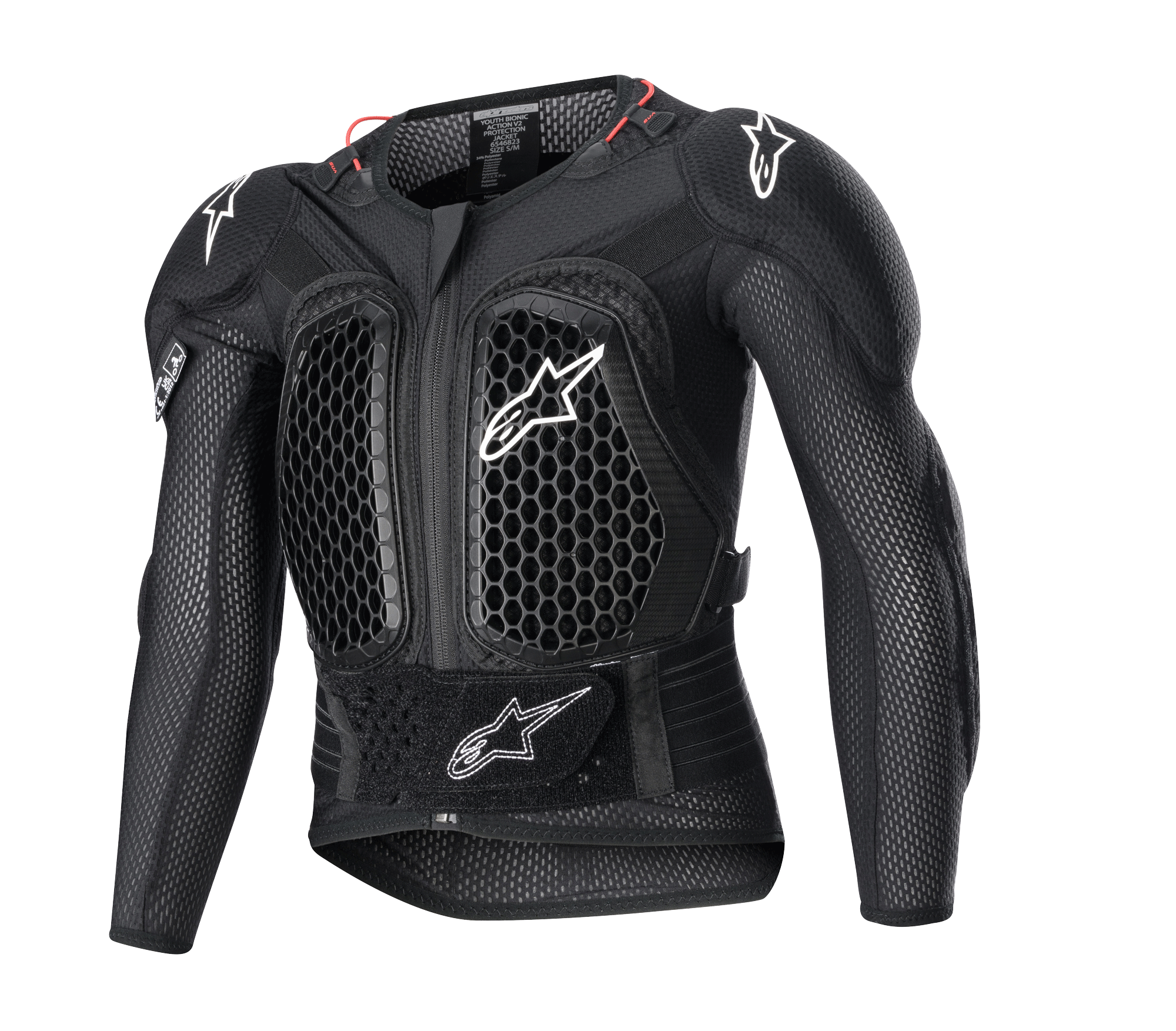 Veste de protection Alpinestars Youth Bionic Action V2, gilet de protection motocross, noire avec logos blancs et accents rouges, motif de ventilation alvéolé sur la poitrine et les épaules, sangle de taille réglable, protection durable contre les impacts pour les jeunes pilotes