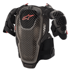 Alpinestars A-6 Chest Protector, Motocross Body Armor, Black Anthracite and Red, featuring perforated cell technology plates, red Alpinestars logo on the chest, adjustable straps and removable shoulder guards, protective off-road gear