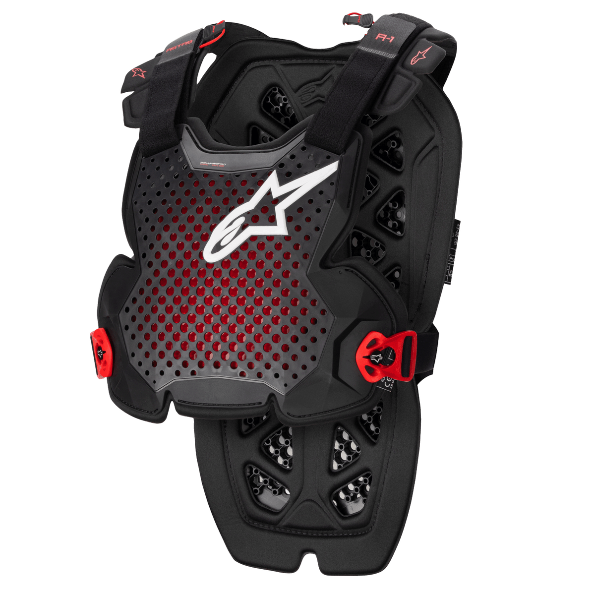 Alpinestars A-1 Pro Chest Protector, Anthracite Black and Red, perforated breathable design with white logo, adjustable straps with red buckles, hexagonal ventilation pattern, lightweight protective armor for motocross and off-road riding