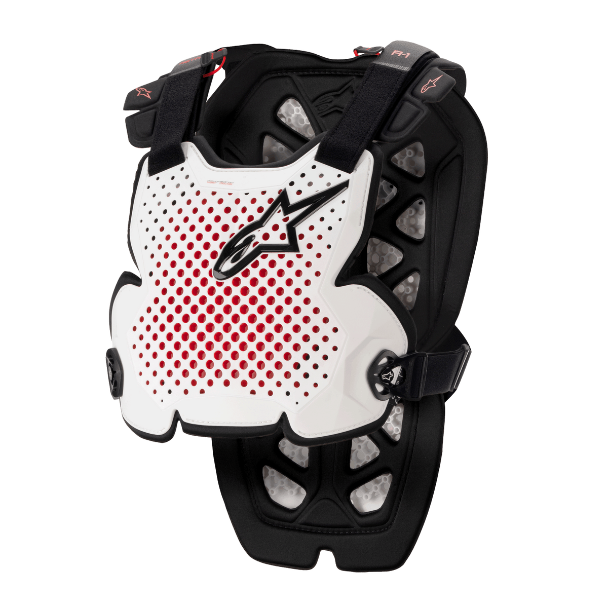 Protecteur de poitrine Alpinestars A-1 Pro, protection de motocross, blanc, noir et rouge, avec ventilation perforée et intérieur rouge, logo étoile noir, sangles noires réglables, rembourrage de protection léger pour la course tout-terrain