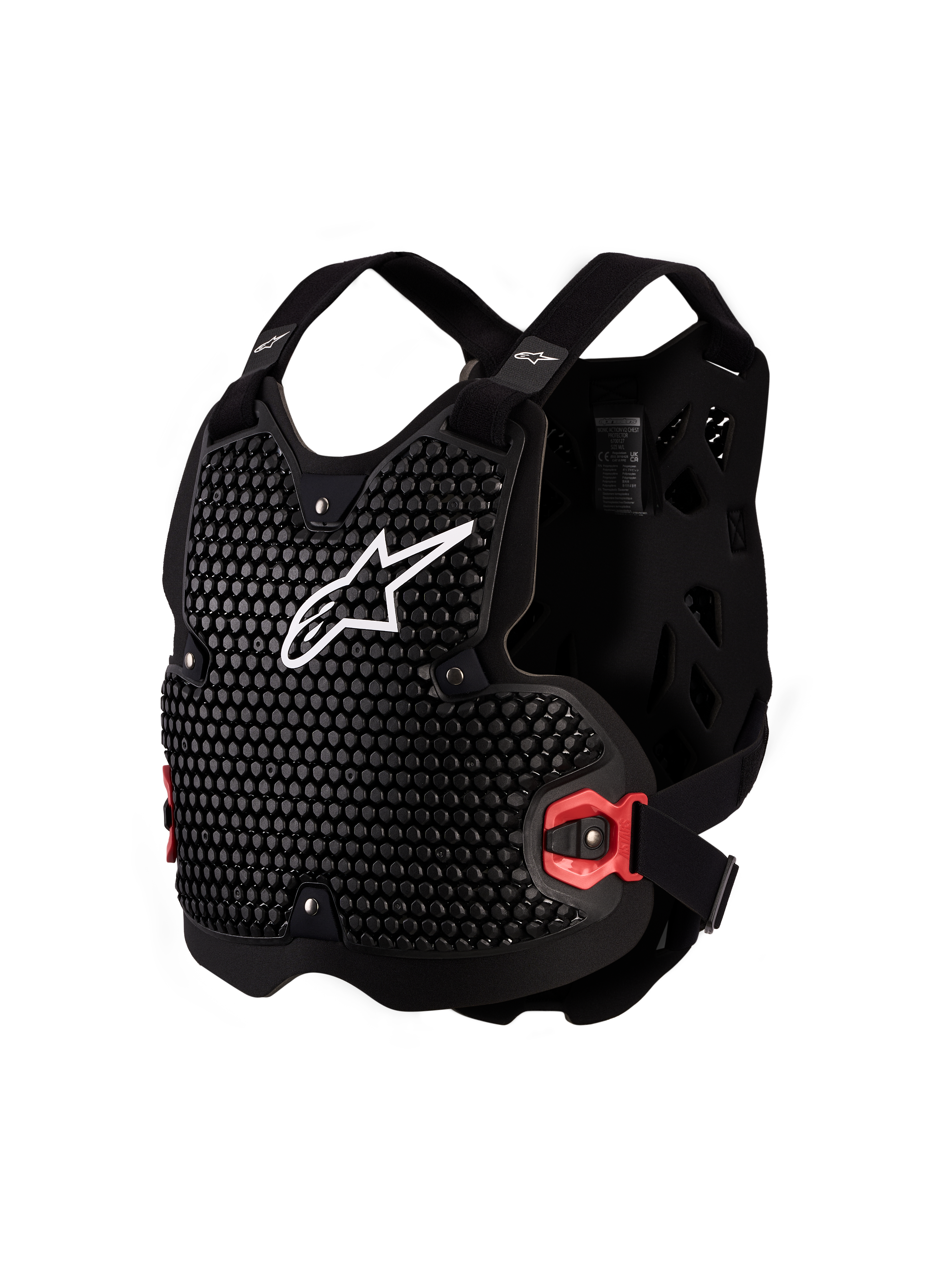 Alpinestars Protecteur de poitrine Bionic Action V2, armure MX noire et blanche, technologie A-Morph certifiée CE.