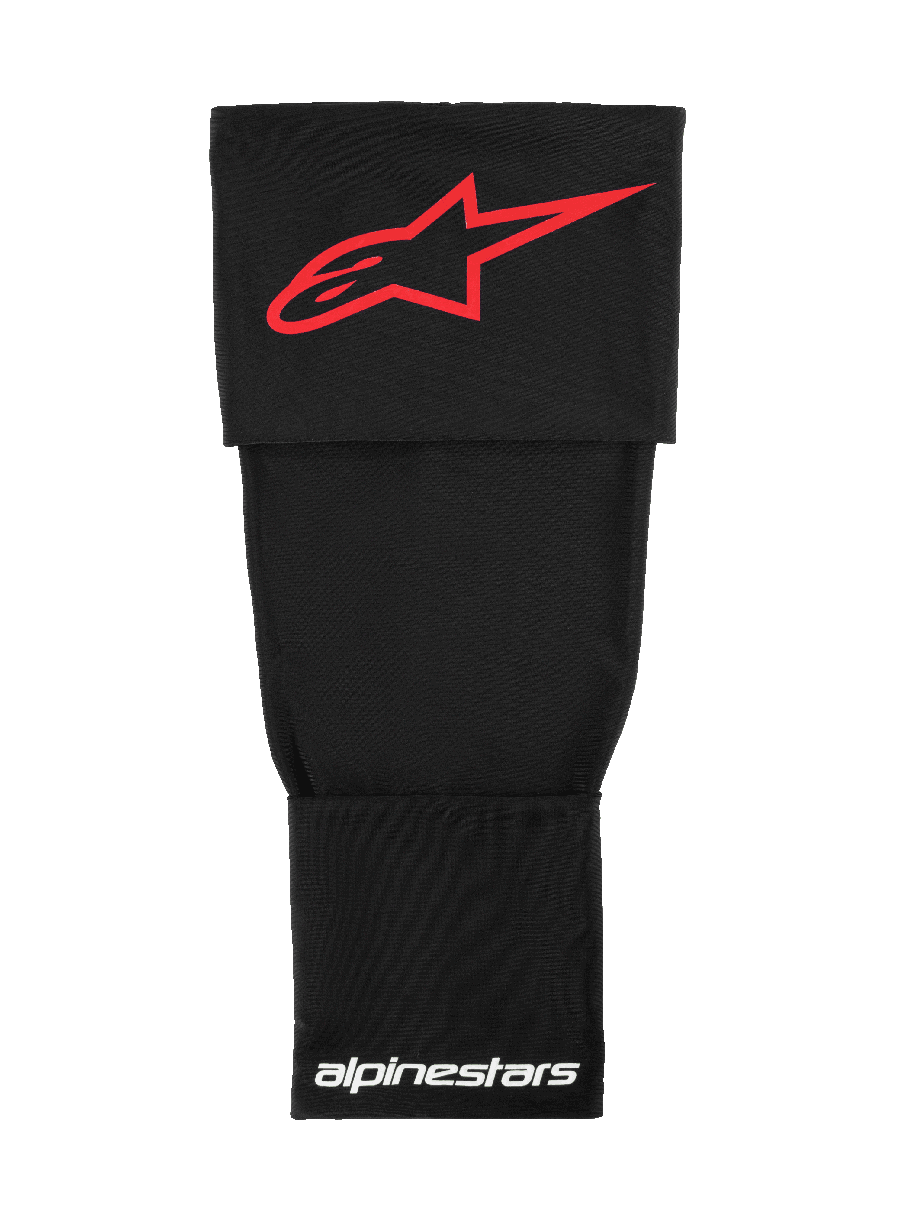 Manchon pour genouillère Alpinestars Rk-S, couche de base technique pour motocross, noir avec logo Alpinestars rouge et marquage blanc, tissu double couche extensible pour un maintien sous la genouillère