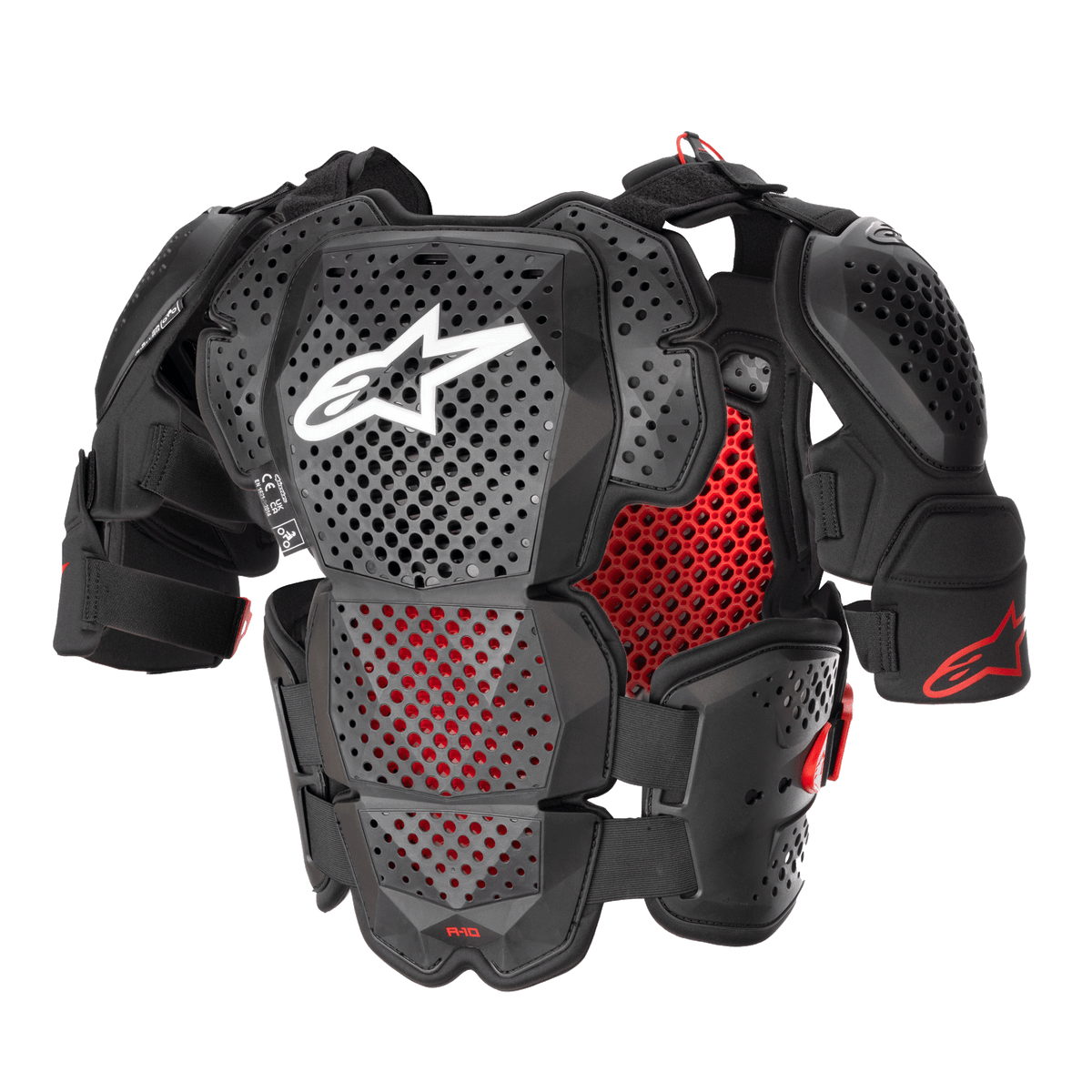 Alpinestars A-10 V2 Full Chest Protector, Motocross Body Armor, Anthracite Black and Red, featuring perforated chest and shoulder plates, red honeycomb lining, white Alpinestars logo on center chest, ultra-lightweight protective gear