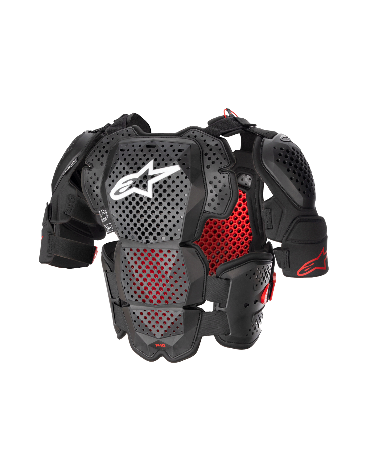 Alpinestars A-10 V2, protection de poitrine complète pour motocross, noir et rouge, plaques perforées et doublure alvéolée rouge, logo Alpinestars blanc sur la poitrine