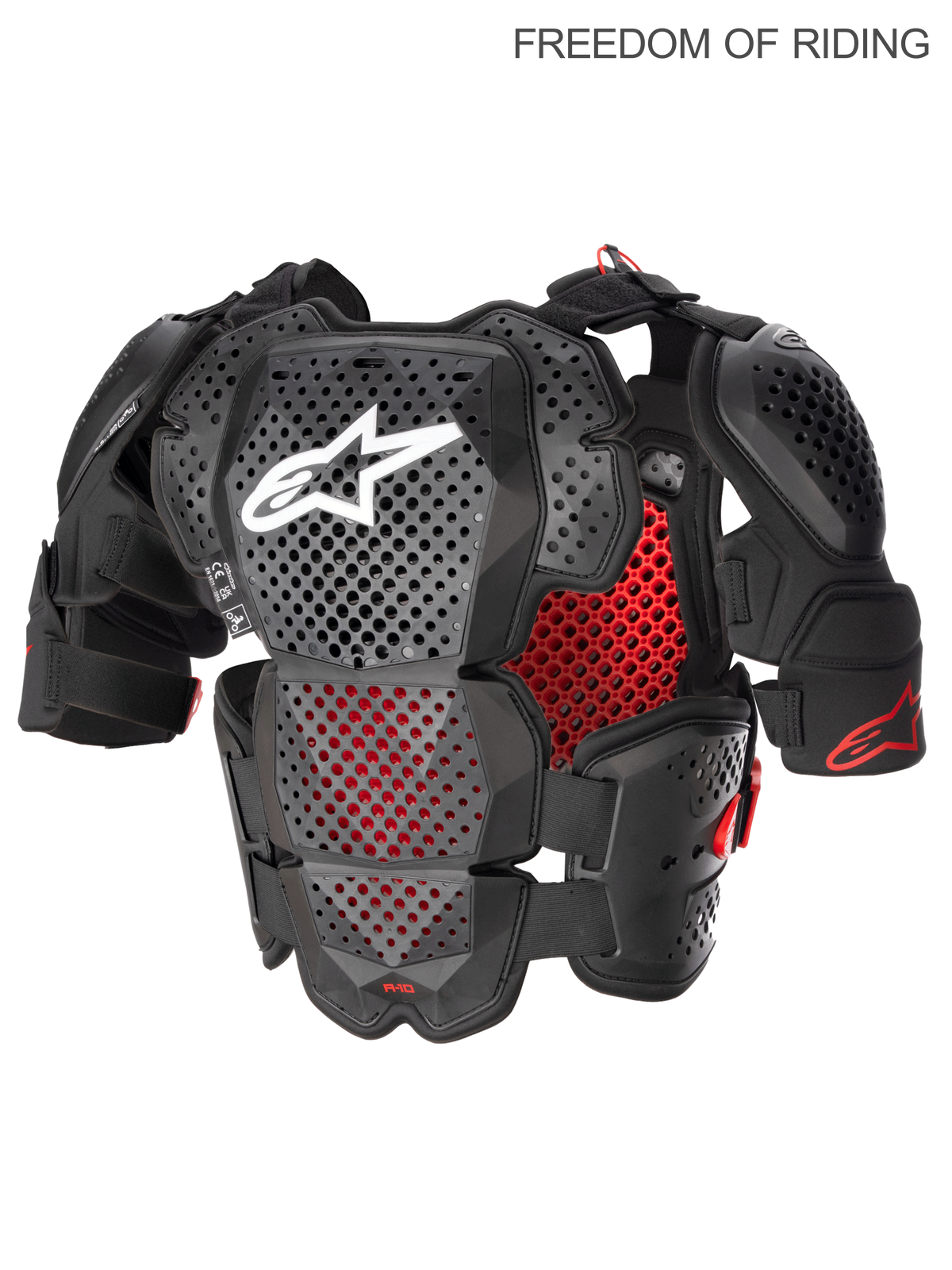 Alpinestars Protection de poitrine complète A-10 V2, protection de poitrine pour motocross et tout-terrain pour homme, noir anthracite et rouge, certifiée CE niveau 2. Dotée de la technologie hybride Polyhedron pour une ventilation maximale, d'une coque légère et de protections d'épaules.
