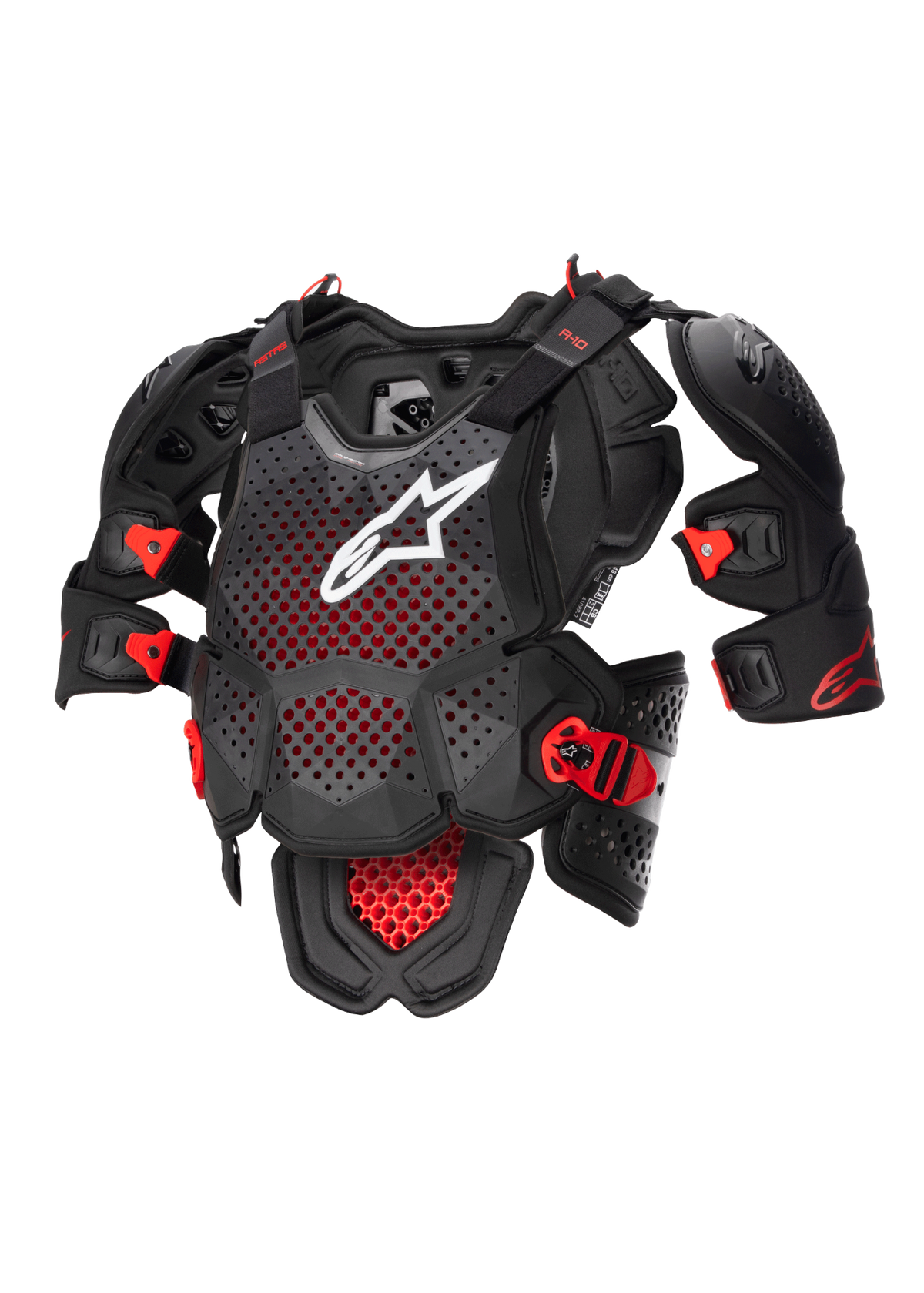 Alpinestars Protection De Poitrine Complète A-10 V2, équipement de protection de moto tout-terrain, noir et rouge, avec plaque de poitrine perforée et logo blanc, certifié CE