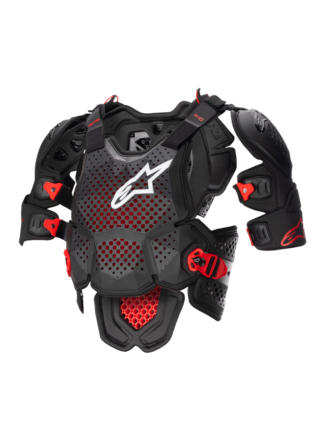 Alpinestars Protection De Poitrine Complète A-10 V2, équipement de protection de moto tout-terrain, noir et rouge, avec plaque de poitrine perforée et logo blanc, certifié CE