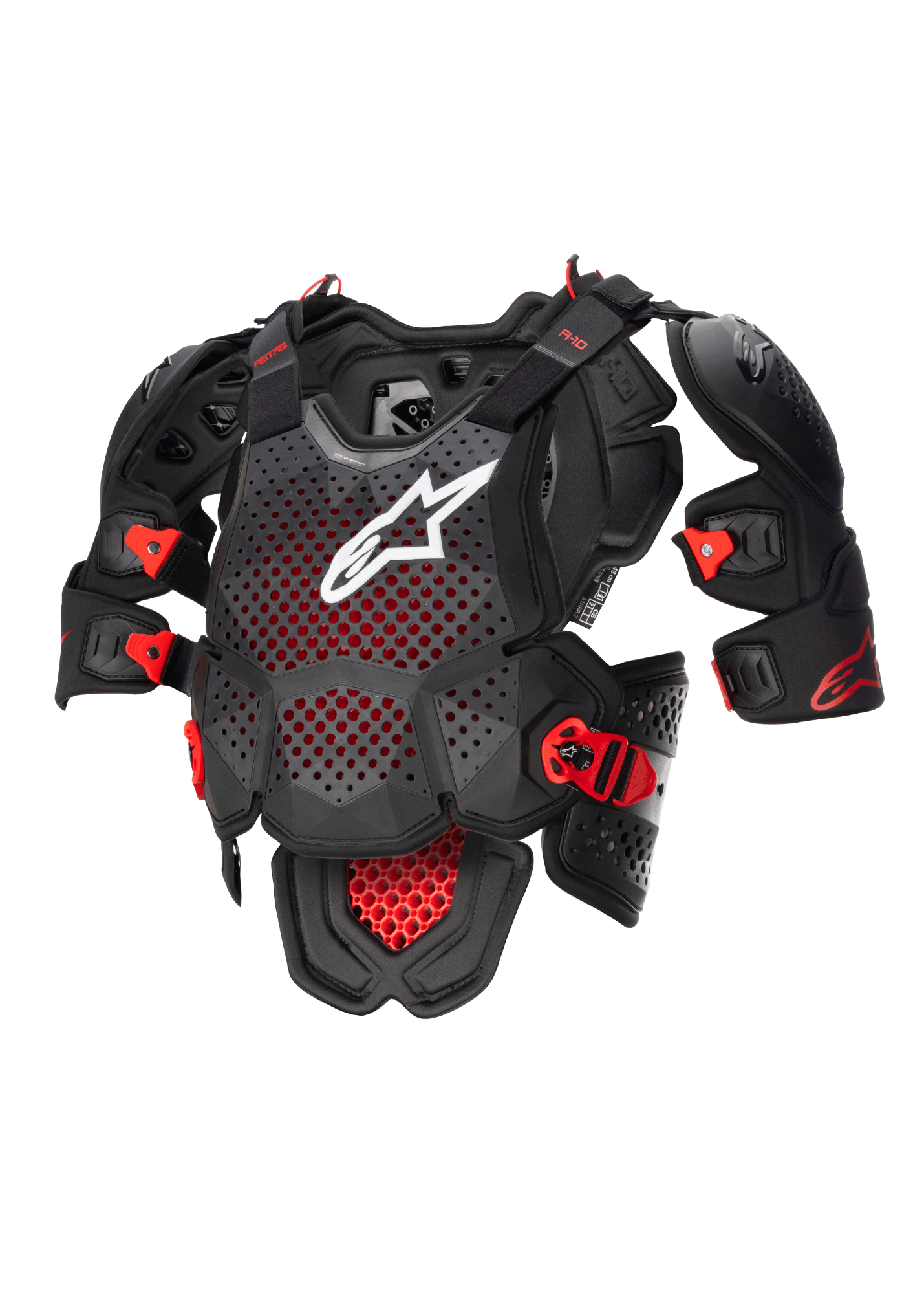 Alpinestars Protection De Poitrine Complète A-10 V2, équipement de protection de moto tout-terrain, noir et rouge, avec plaque de poitrine perforée et logo blanc, certifié CE
