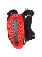 Alpinestars A-5 Plasma Chest Protector, Motorcycle Chest and Back Protector, Black and Red, back view showing red wavy perforated Nucleon PLASMA shell with a grey central zone, black adjustable straps with white logos, protective gear for motocross and off-road riding
