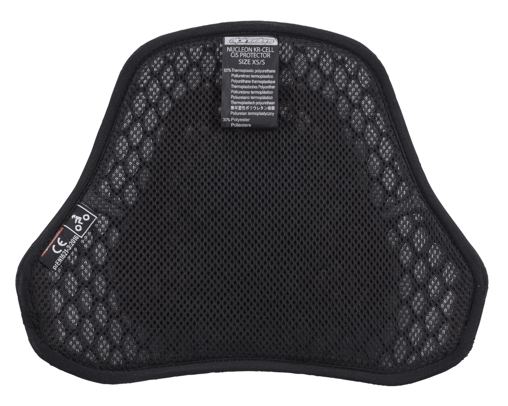 Alpinestars Nucleon KR Cell CiR Protectors, Motorcycle Chest Protector, Black airmesh interior with honeycomb microstructure, featuring CE certification label and soft lining for breathability and comfort