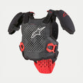Alpinestars Youth A-5 S Chest Protector, Motocross Body Armor, Black White and Red, featuring a perforated hybrid front plate with a white star logo, red quick-release buckles, and padded shoulder guards for youth off-road racing.