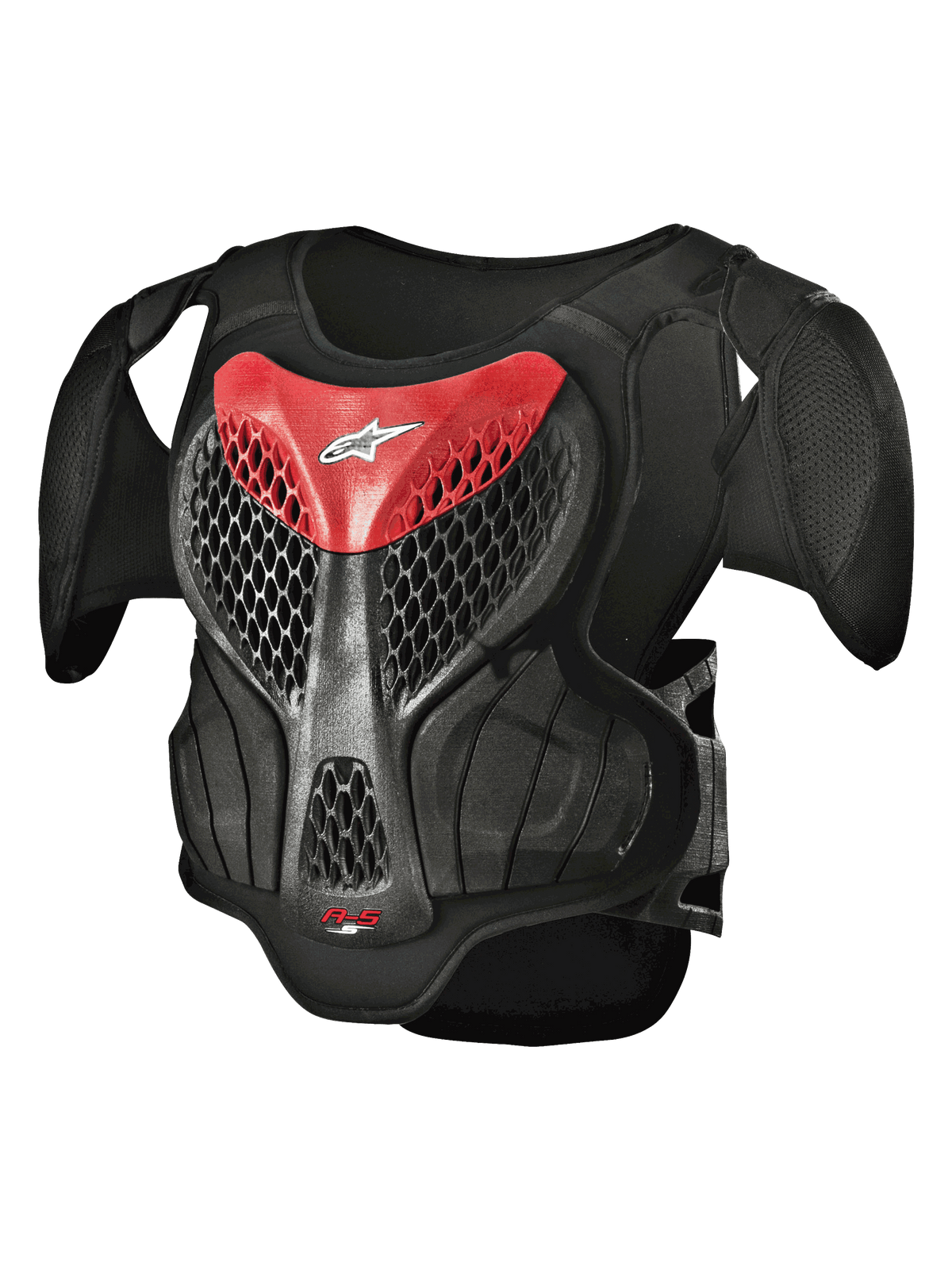 Alpinestars Youth A-5 S Body Armour, plastron de motocross, noir et rouge, design en maille hexagonale, épaules rembourrées, protection légère pour les jeunes pilotes
