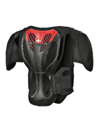 Alpinestars Youth A-5 S Body Armour, Back View, Black and Red, featuring a protective grid lattice back plate, ventilated honeycomb structure, and integrated shoulder pads for off-road motocross protection