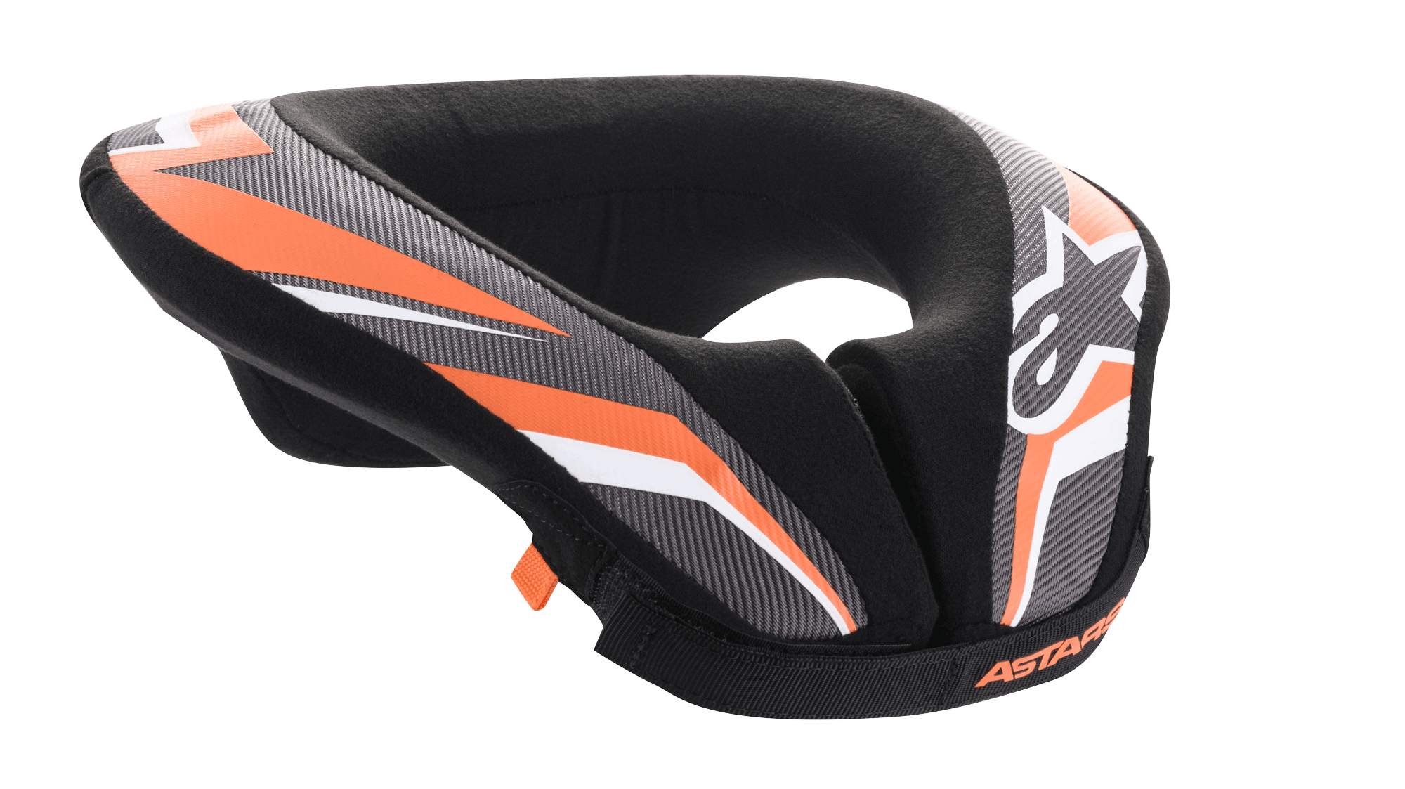 Alpinestars Youth Sequence Neck Roll, protection cervicale pour motocross et VTT, noir anthracite et orange, design rembourré en forme de U avec queue allongée pour la stabilité, équipement de protection pour jeunes pilotes, logo Alpinestars blanc