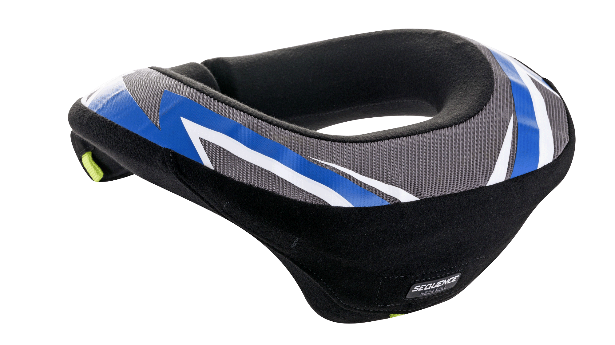 Alpinestars Youth Sequence Neck Roll, protection cervicale, noir anthracite et bleu, design ergonomique avec partie arrière allongée pour la stabilité, panneaux texturés gris avec accents graphiques bleus et blancs, doublure intérieure noire douce, conçu pour la sécurité des jeunes en motocross et karting