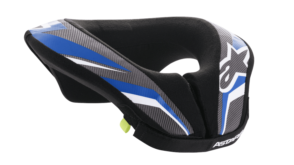 Alpinestars Youth Sequence Neck Roll, protection cervicale de motocross pour enfant, noir anthracite et bleu, design ergonomique rembourré, panneaux à motifs bleus et gris, accents blancs, logo Alpinestars, doublure intérieure douce pour le confort