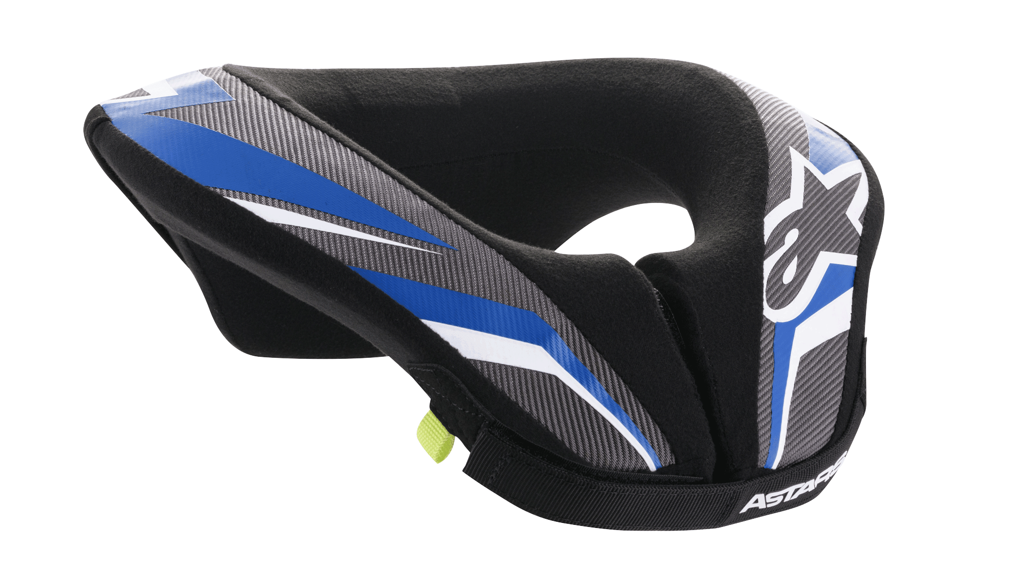 Alpinestars Youth Sequence Neck Roll, protection cervicale de motocross pour enfant, noir anthracite et bleu, design ergonomique rembourré, panneaux à motifs bleus et gris, accents blancs, logo Alpinestars, doublure intérieure douce pour le confort