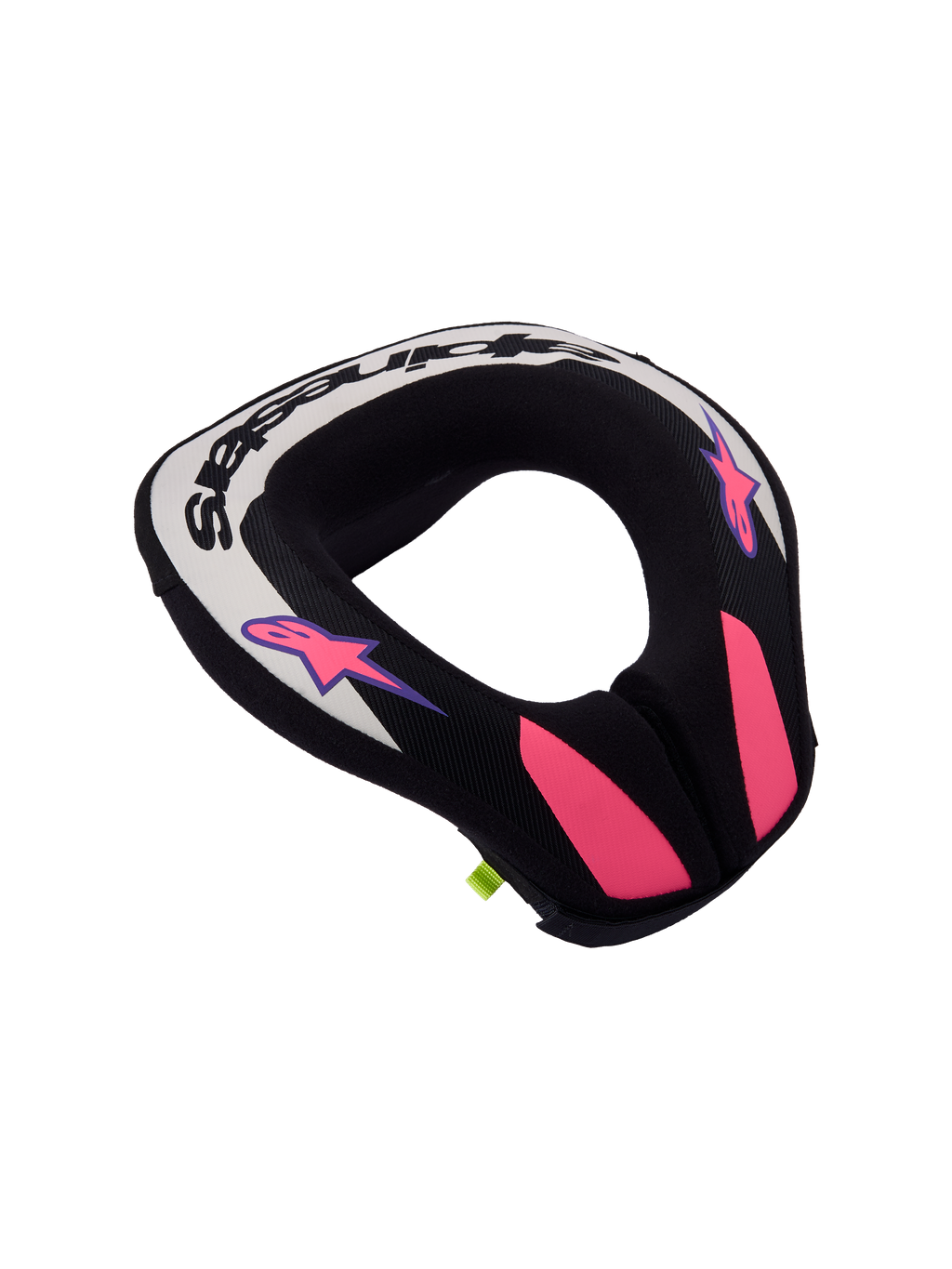 Alpinestars coussin de cou Sequence Junior, protection ergonomique de motocross pour jeunes pilotes, noir et gris à accents violets.