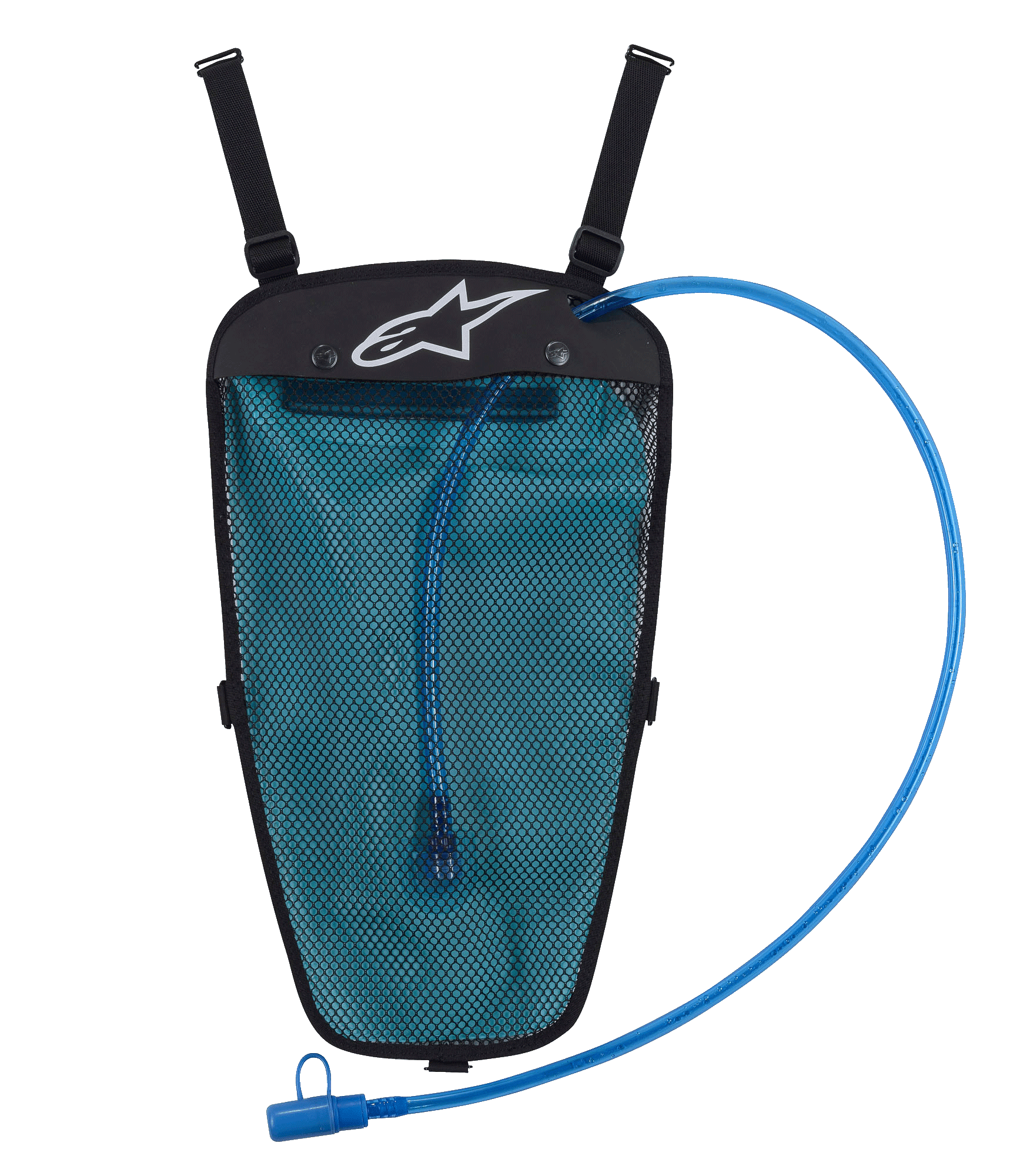 Alpinestars Hydration Pack, noir et bleu, poche à eau de 1,5 L dans une pochette en mesh, tube d'hydratation bleu avec embout, logo Astar blanc, sangles réglables pour intégration à une veste, conçu pour le tout-terrain et l'aventure