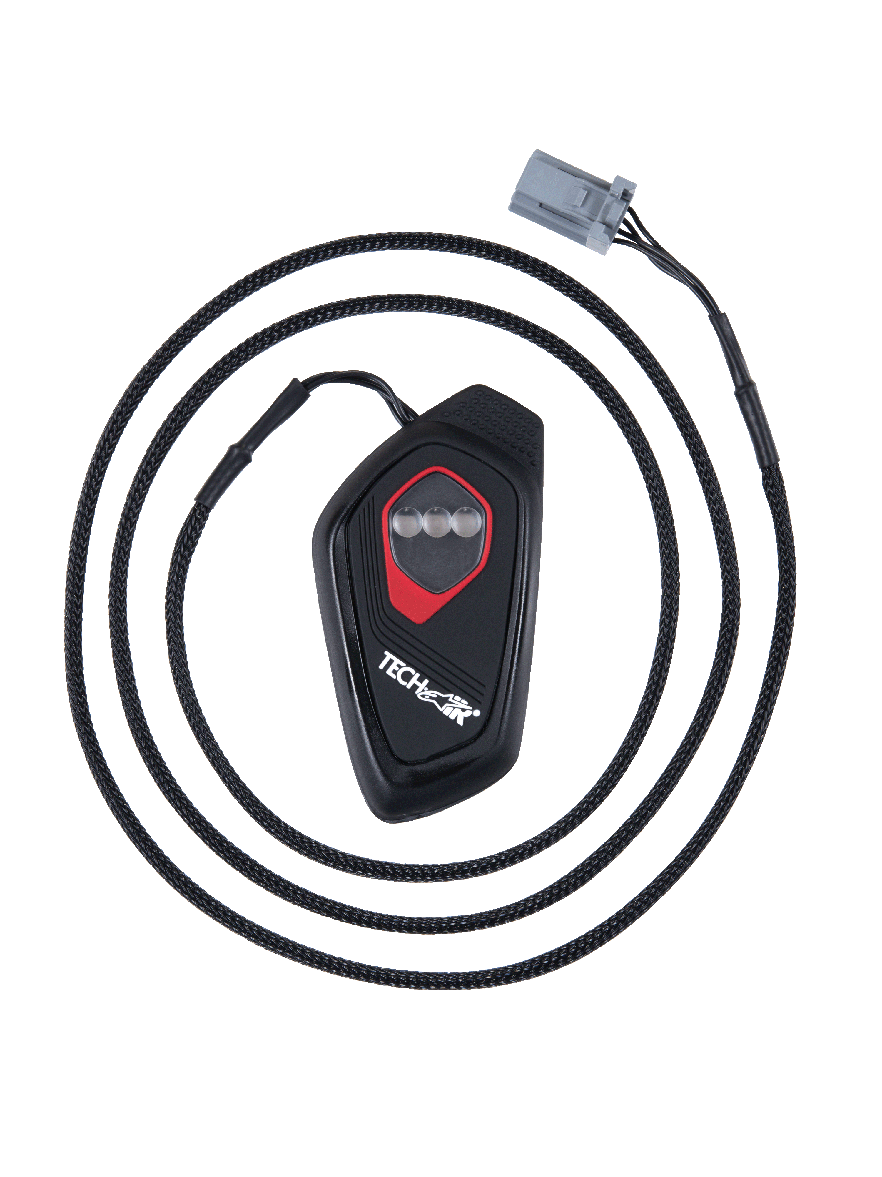 Alpinestars Tech-Air® 7X LED Display, black teardrop-shaped electronic control unit with red outline, three circular LED indicators, braided cable with gray connector, motorcycle airbag system display module