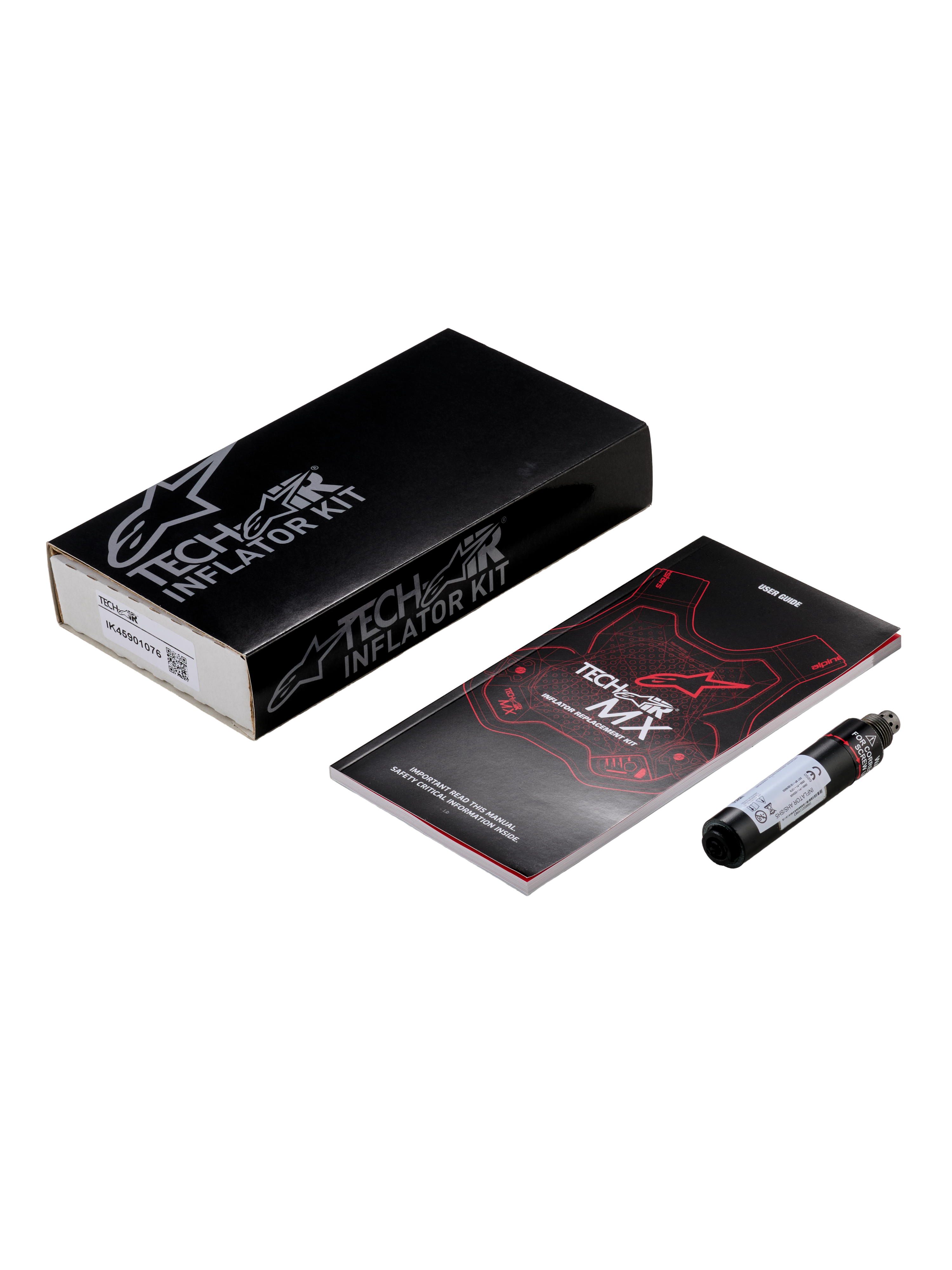 Kit de recharge pour système d'airbag Alpinestars Tech-Air® MX, comprenant une cartouche d'inflateur cylindrique noire à l'argon, un manuel d'utilisation aux graphismes rouges et blancs, et une boîte noire avec logo blanc, équipement de maintenance de sécurité essentiel pour airbag moto.