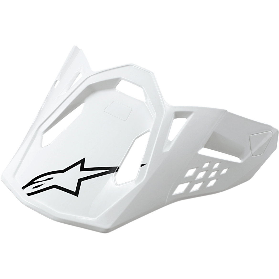 Visière Alpinestars Supertech M10/M8, visière de casque de moto, blanc brillant avec logo étoile noir, design angulaire avec découpes de ventilation, construction aérodynamique