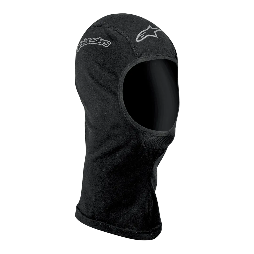Alpinestars Cagoule à visage ouvert, cagoule de moto unisexe, noire avec logos argentés, sous-couche technique respirante pour le touring et l'off-road, conception ergonomique avec col allongé et coutures plates