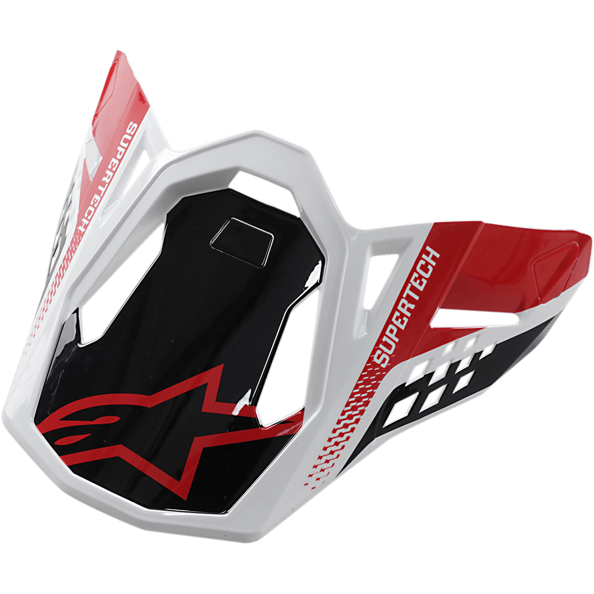 Alpinestars S-M8 Helmet Visor Triple, accessoire de casque de motocross, noir, rouge et blanc, avec marquage SUPERTECH et logo Alpinestars rouge, design géométrique angulaire avec finition brillante, visière de remplacement pour casque tout-terrain Supertech M8