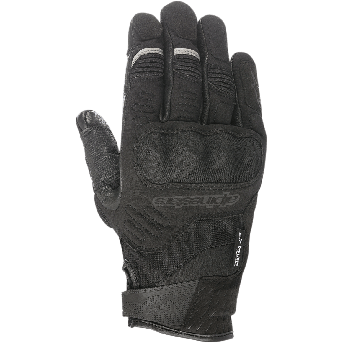 Gants Alpinestars C-30 Drystar®, gants de moto noirs, protection des articulations rigide surmoulée, construction en textile extensible et softshell, sangle de poignet Velcro, accents réfléchissants gris discrets sur les doigts.