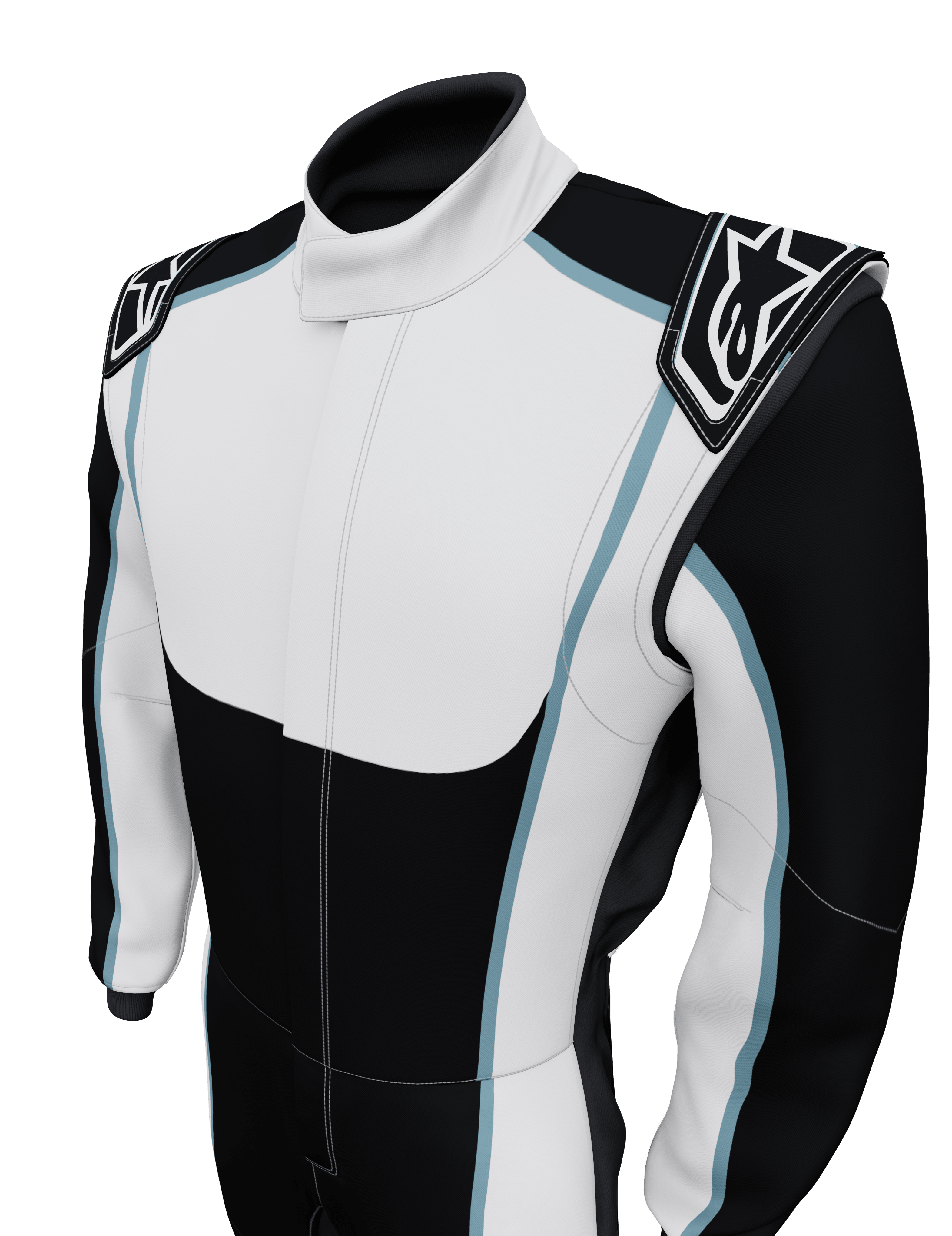 Alpinestars Tech Vision V3 Custom Suit, combinaison de course automobile, noir et blanc avec accents bleu clair, épaulettes avec logo Alpinestars, design de sport automobile professionnel
