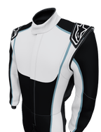 Alpinestars Tech Vision V3, combinaison sur mesure de course automobile, unisexe, noire et blanche avec liserés bleu clair, certifiée FIA, en Nomex ignifuge.