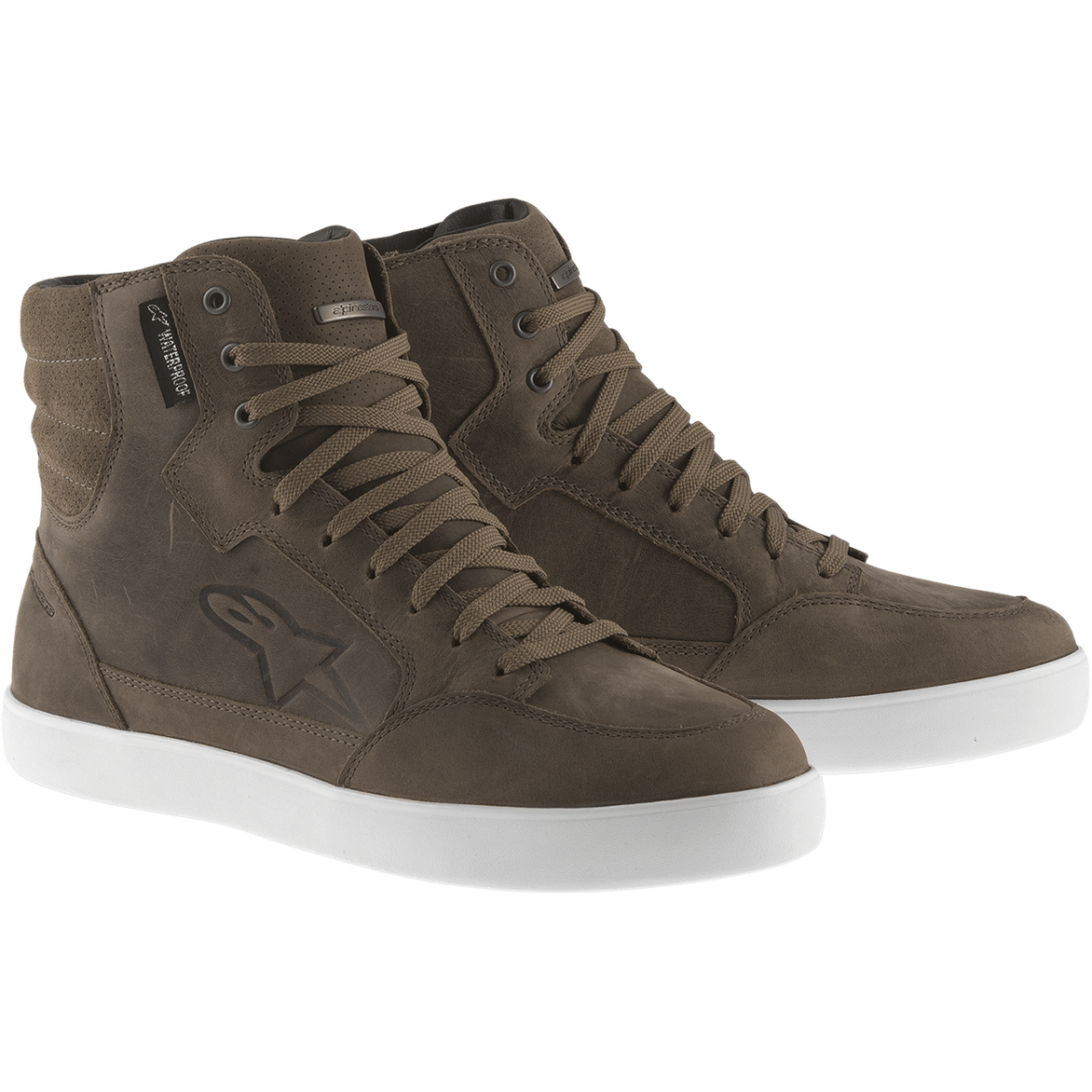 Chaussure imperméable Alpinestars J-6, baskets montantes marron, semelles blanches en caoutchouc, chaussures de moto urbaines décontractées, avec tige en cuir marron, col de cheville rembourré et œillets métalliques