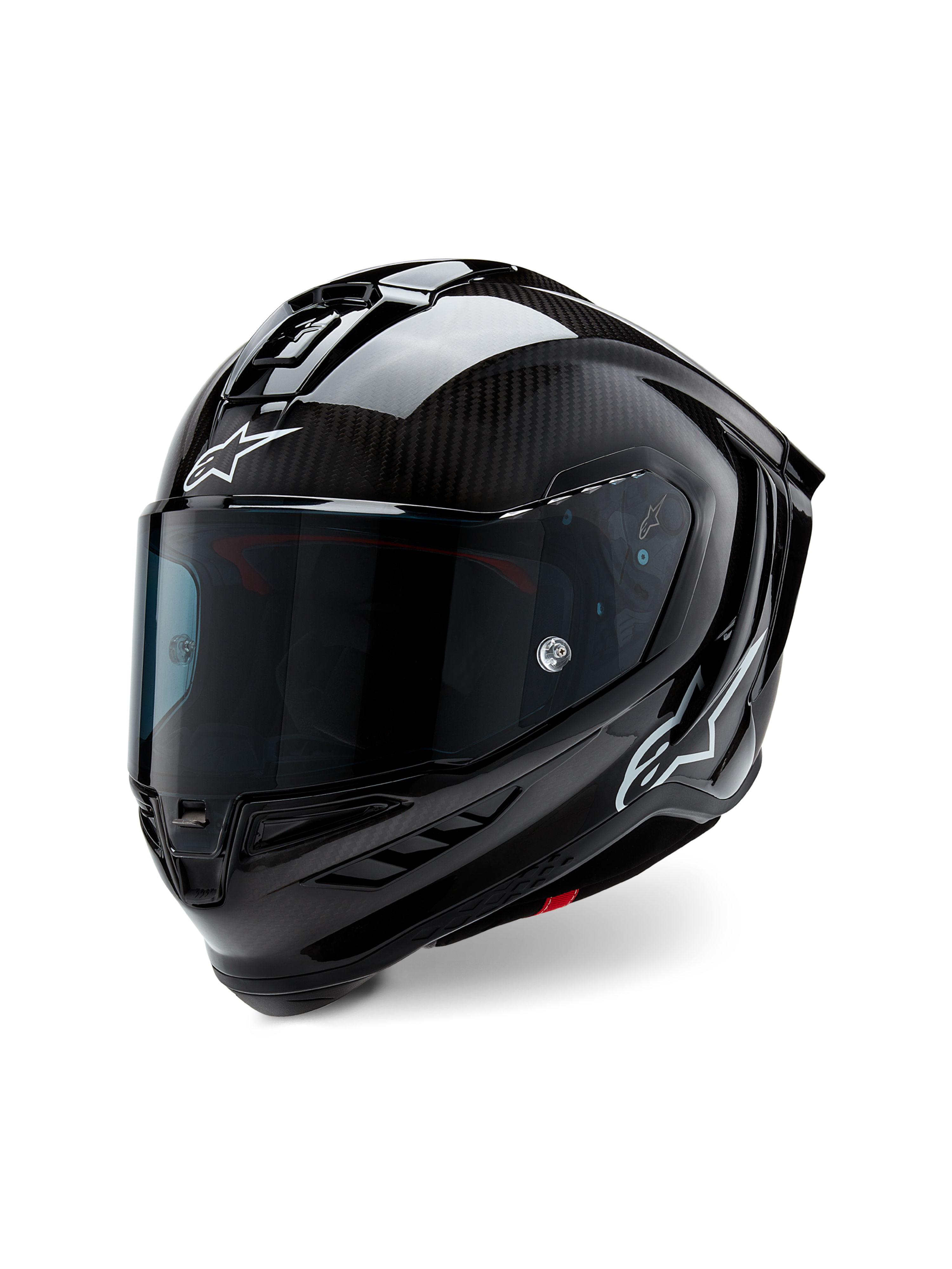 Casque Alpinestars Supertech R10 Solid, casque de course moto, carbone noir mat et brillant, avec trame de fibre de carbone apparente, visière teintée sombre, logos Astars blancs, design aérodynamique épuré