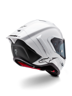 Casque Alpinestars Supertech R10 Solid, casque de moto intégral de course, blanc brillant et noir mat, vue de trois-quarts arrière avec spoiler aérodynamique, ailettes latérales et logo noir
