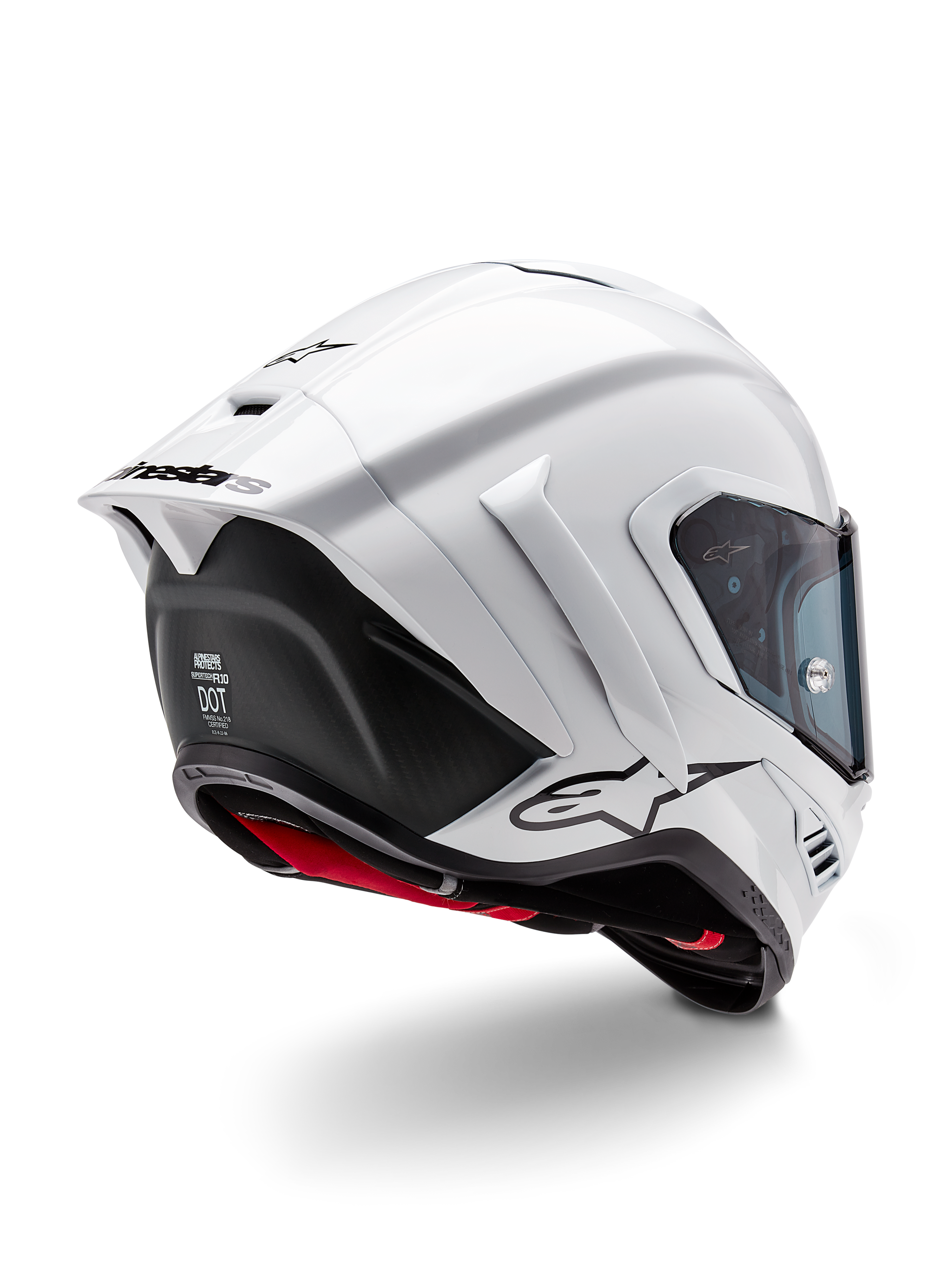 Casque Alpinestars Supertech R10 Solid, casque de moto intégral de course, blanc brillant et noir mat, vue de trois-quarts arrière avec spoiler aérodynamique, ailettes latérales et logo noir