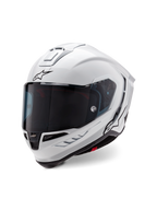 Casque Alpinestars Supertech R10 Solid, casque intégral de course, blanc brillant avec des accents noirs, doté d'une visière teintée foncée, d'une calotte au design aérodynamique et du logo Alpinestars sur le devant et le côté