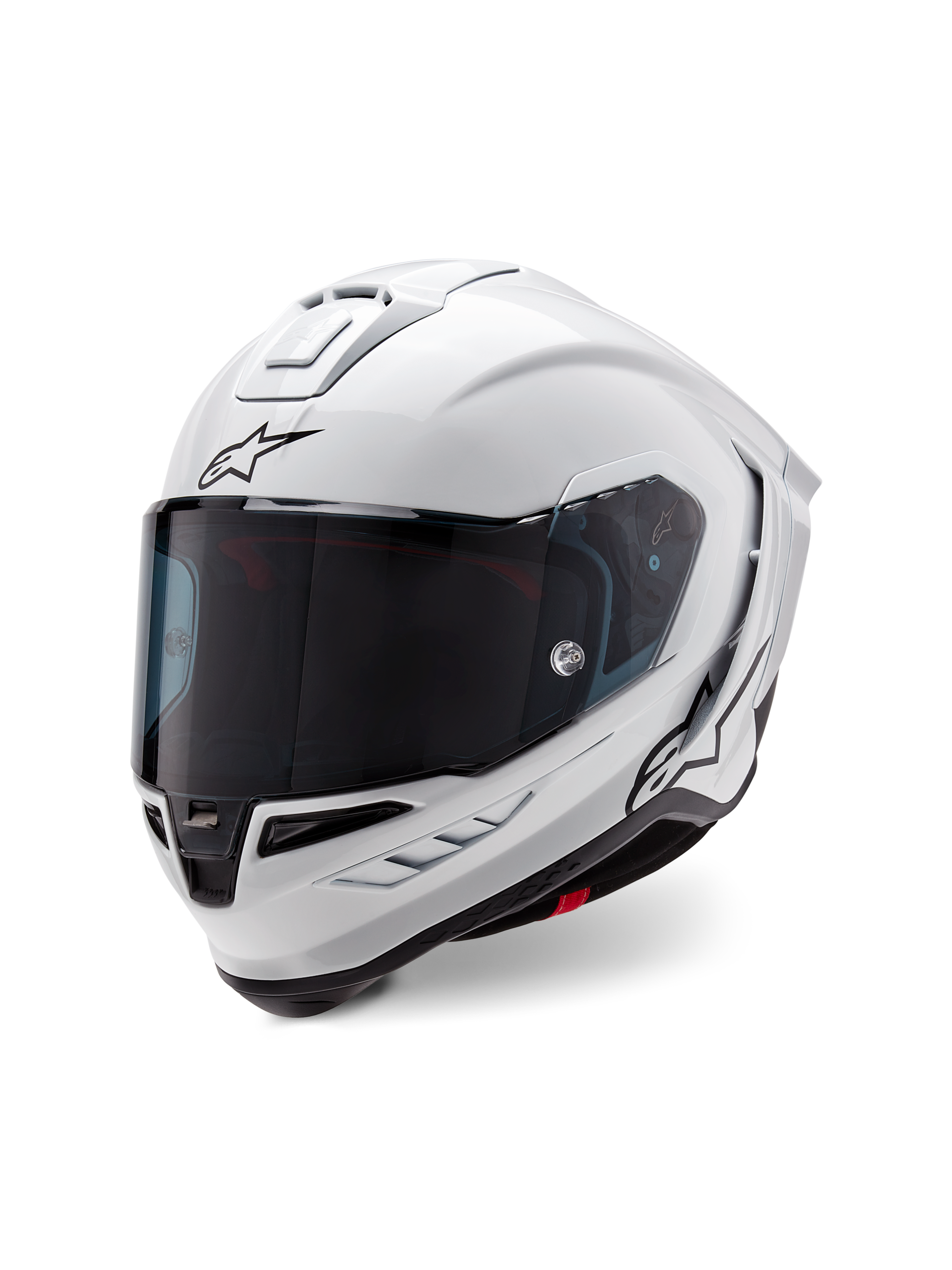 Casque Alpinestars Supertech R10 Solid, casque intégral de course, blanc brillant avec des accents noirs, doté d'une visière teintée foncée, d'une calotte au design aérodynamique et du logo Alpinestars sur le devant et le côté