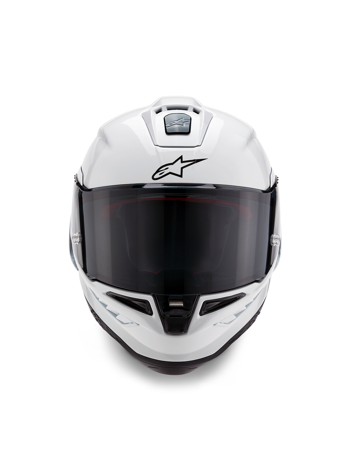 Casque Alpinestars Supertech R10 Solid, casque de course intégral, blanc brillant avec détails noirs, vue de face avec visière fumée foncée, système de ventilation aérodynamique et logo Astars noir