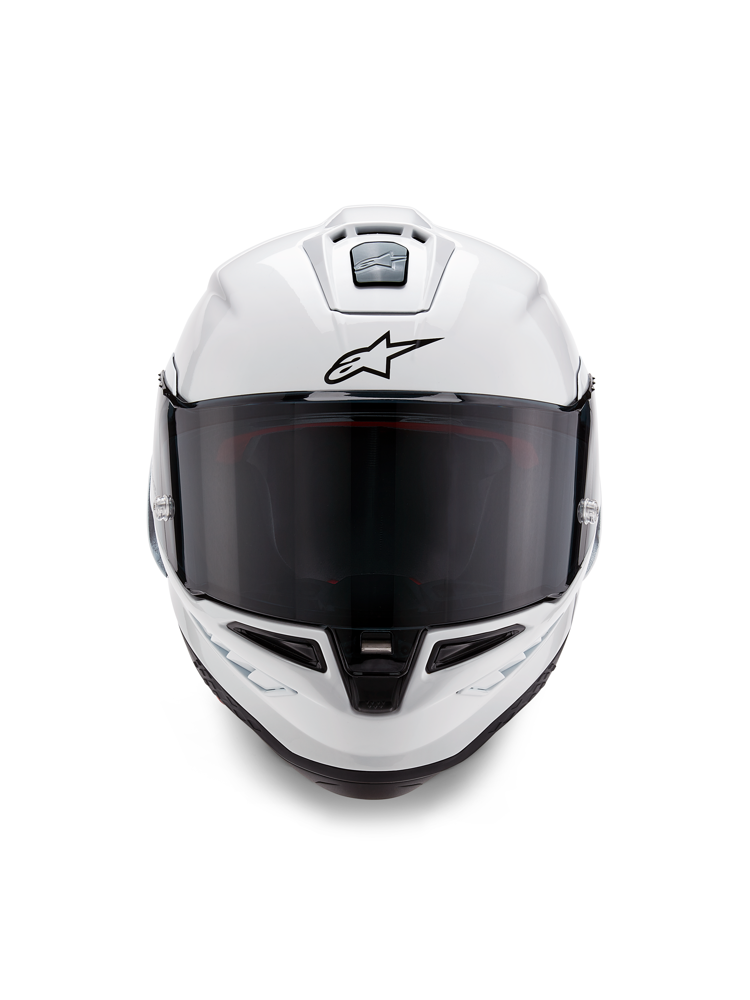 Casque Alpinestars Supertech R10 Solid, casque de course intégral, blanc brillant avec détails noirs, vue de face avec visière fumée foncée, système de ventilation aérodynamique et logo Astars noir