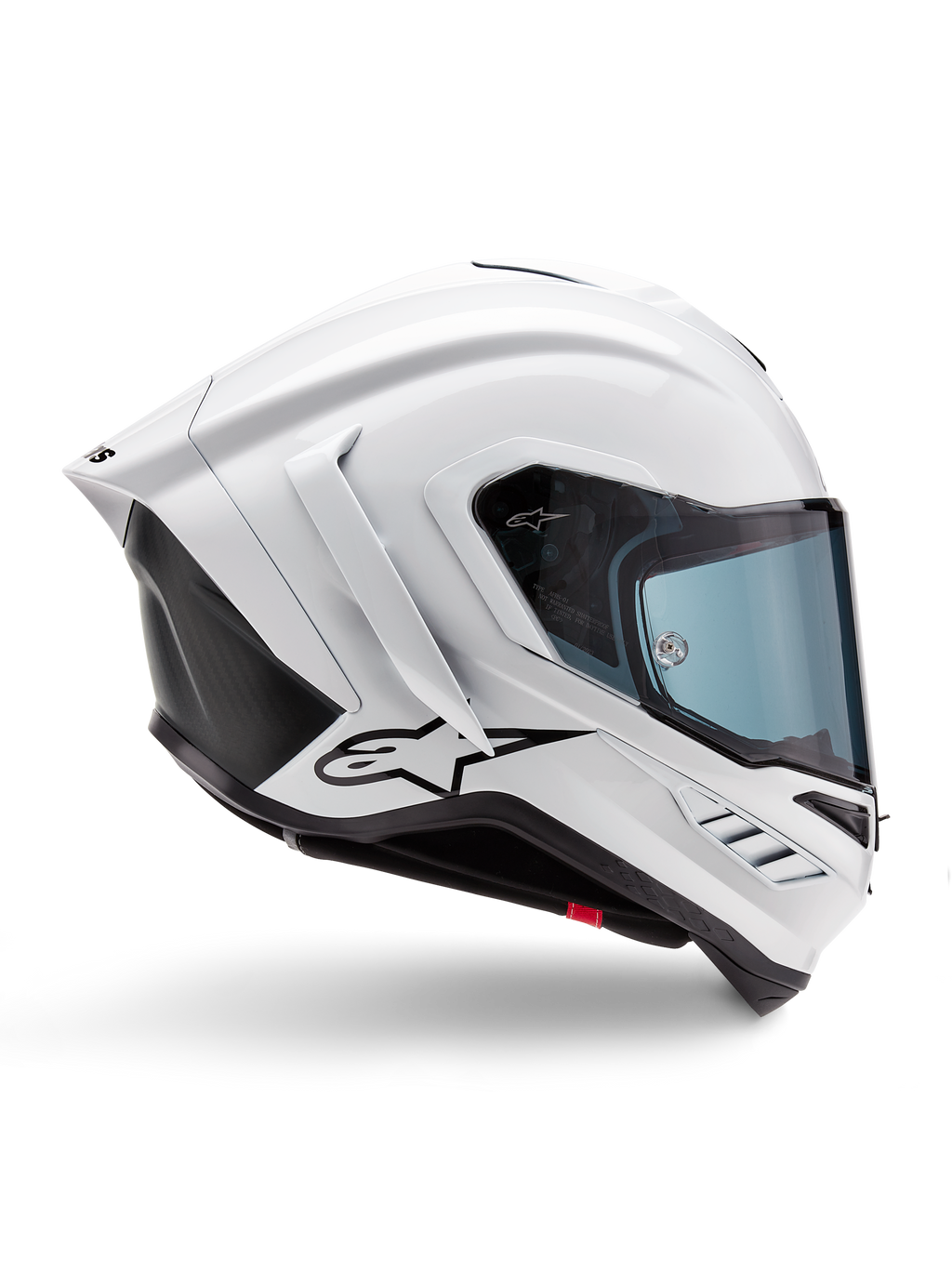 Casque Alpinestars Supertech R10 Solid, casque de moto racing blanc brillant et noir mat, vue de profil, design aérodynamique avec ailerons arrière et évents latéraux, visière teintée bleu, arborant un logo étoile Alpinestars noir sur le côté