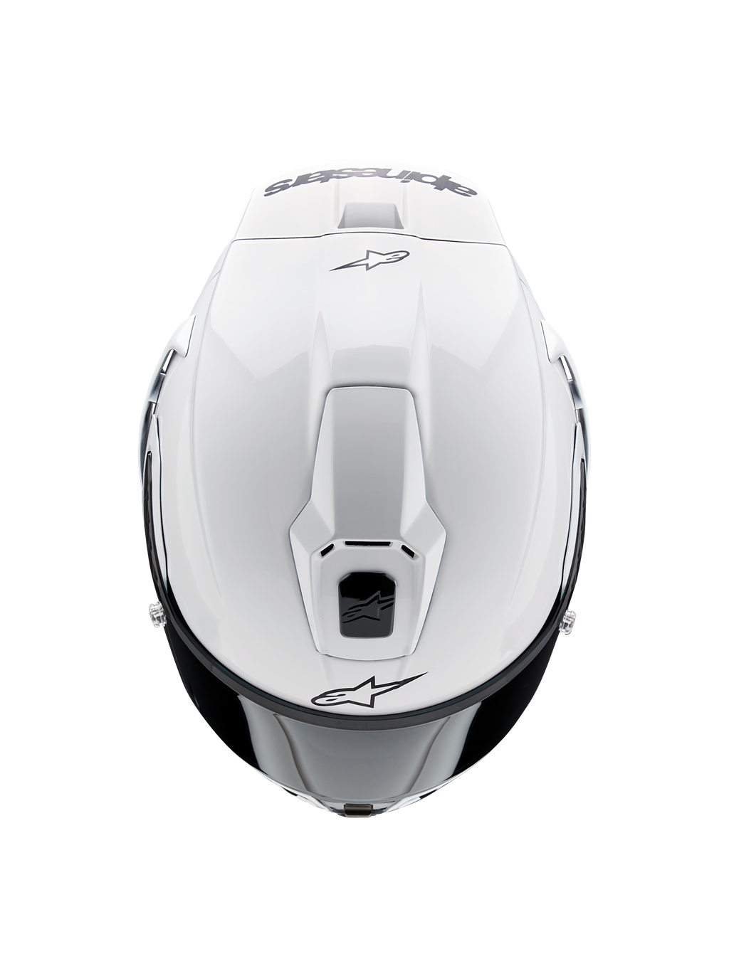 Casque Alpinestars Supertech R10 Solid, casque intégral de moto, blanc brillant, vue de dessus mettant en avant les aérations aérodynamiques et les logos Alpinestars noirs, profil épuré d'inspiration racing.