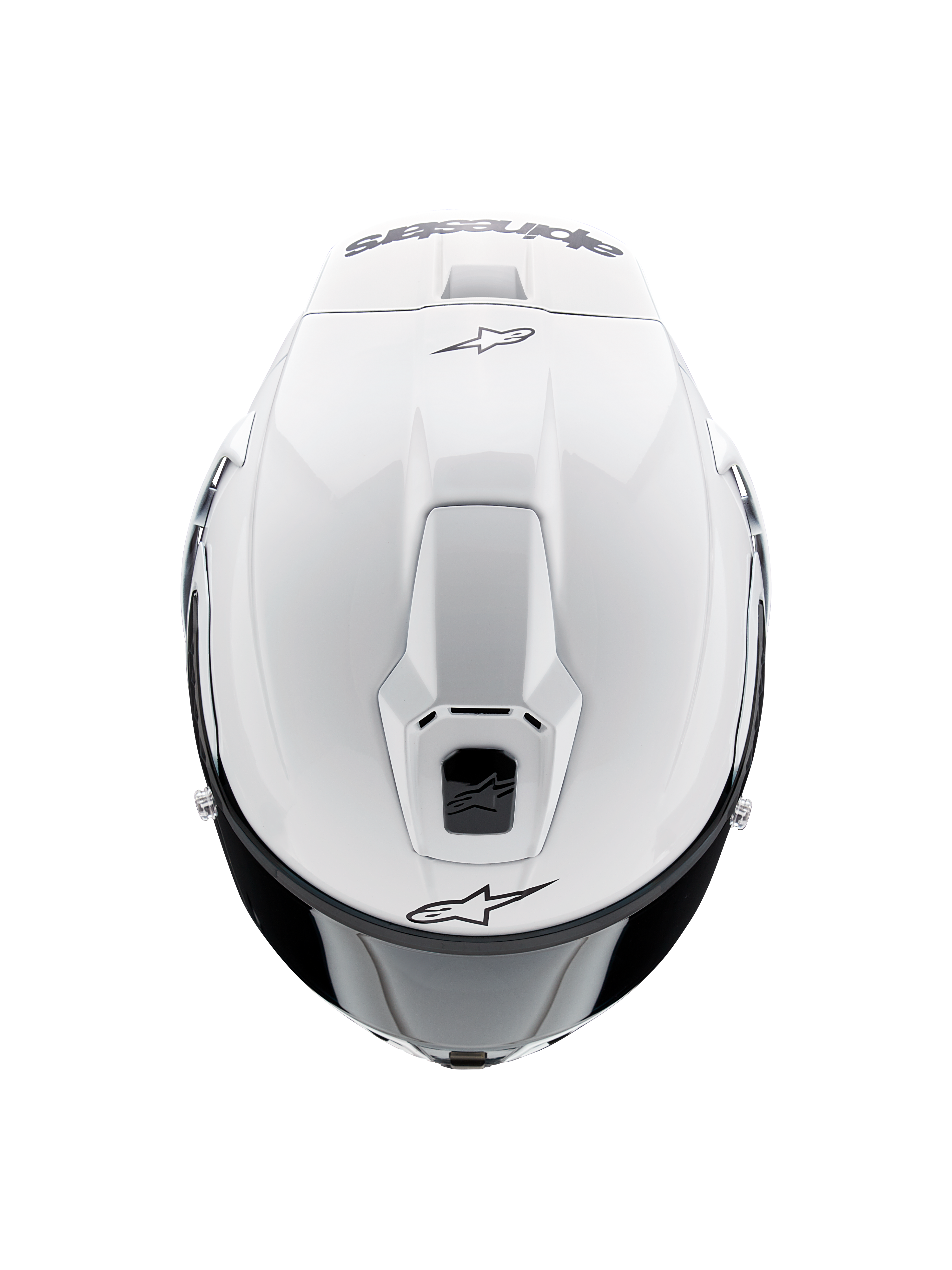 Casque Alpinestars Supertech R10 Solid, casque intégral de moto, blanc brillant, vue de dessus mettant en avant les aérations aérodynamiques et les logos Alpinestars noirs, profil épuré d'inspiration racing.