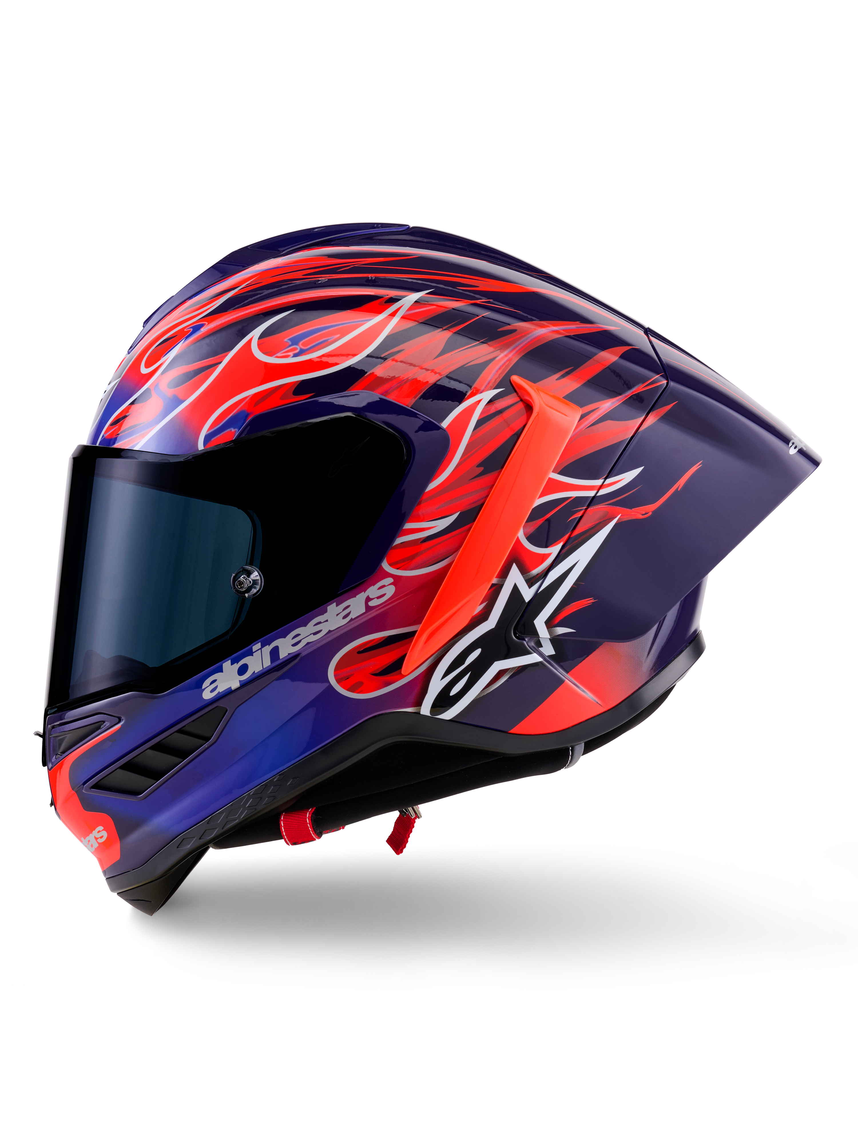 Alpinestars Supertech R10 Limited Edition Flyte Helmet, Full-Face Racing Helmet, Purple and Red Glossy with Flame Motif, Featuring Dark Tinted Visor and Aerodynamic Rear Spoiler