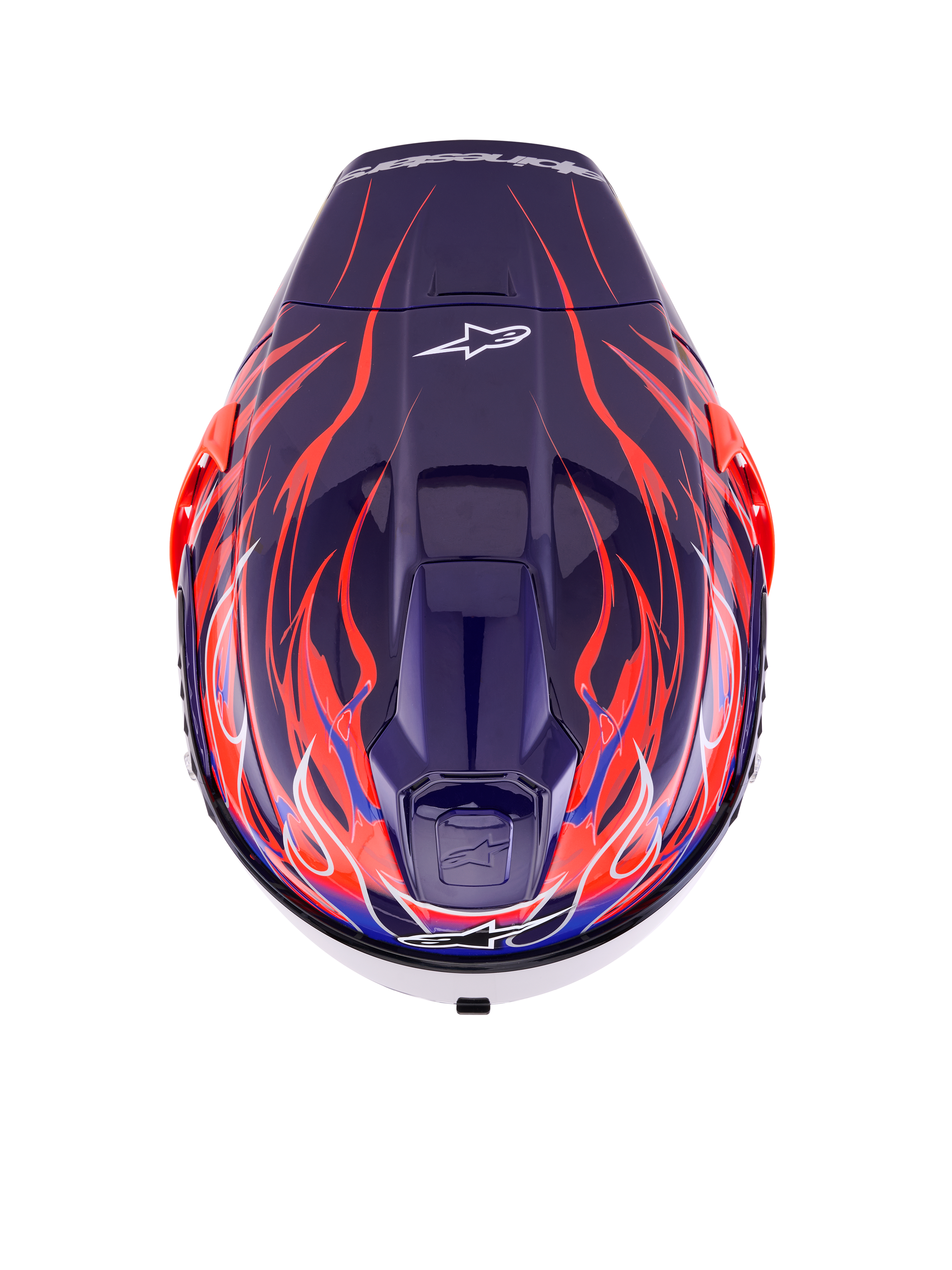 Alpinestars Supertech R10 Limited Edition Flyte Helmet, Full-Face Racing Helmet, Purple Red Glossy with deep blue and searing orange flame motifs, top view showing crown vents and Alpinestars logo, professional aerodynamic design for high-performance riding