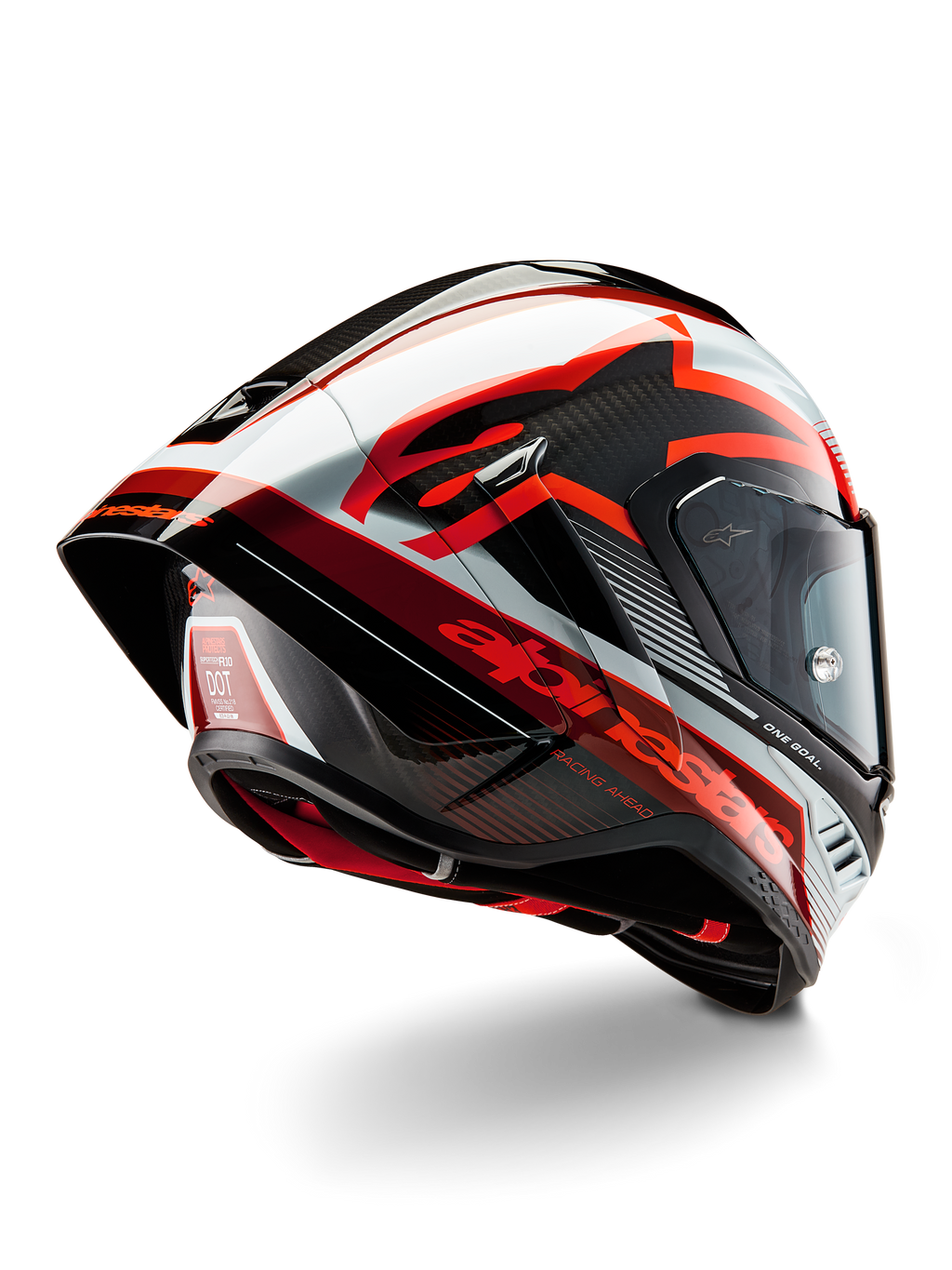 Casque Alpinestars Supertech R10 Team, casque de course intégral, noir carbone, rouge et blanc brillant, design aérodynamique avec spoiler arrière et texture en fibre de carbone apparente, avec logos Alpinestars distinctifs et étiquette de certification DOT